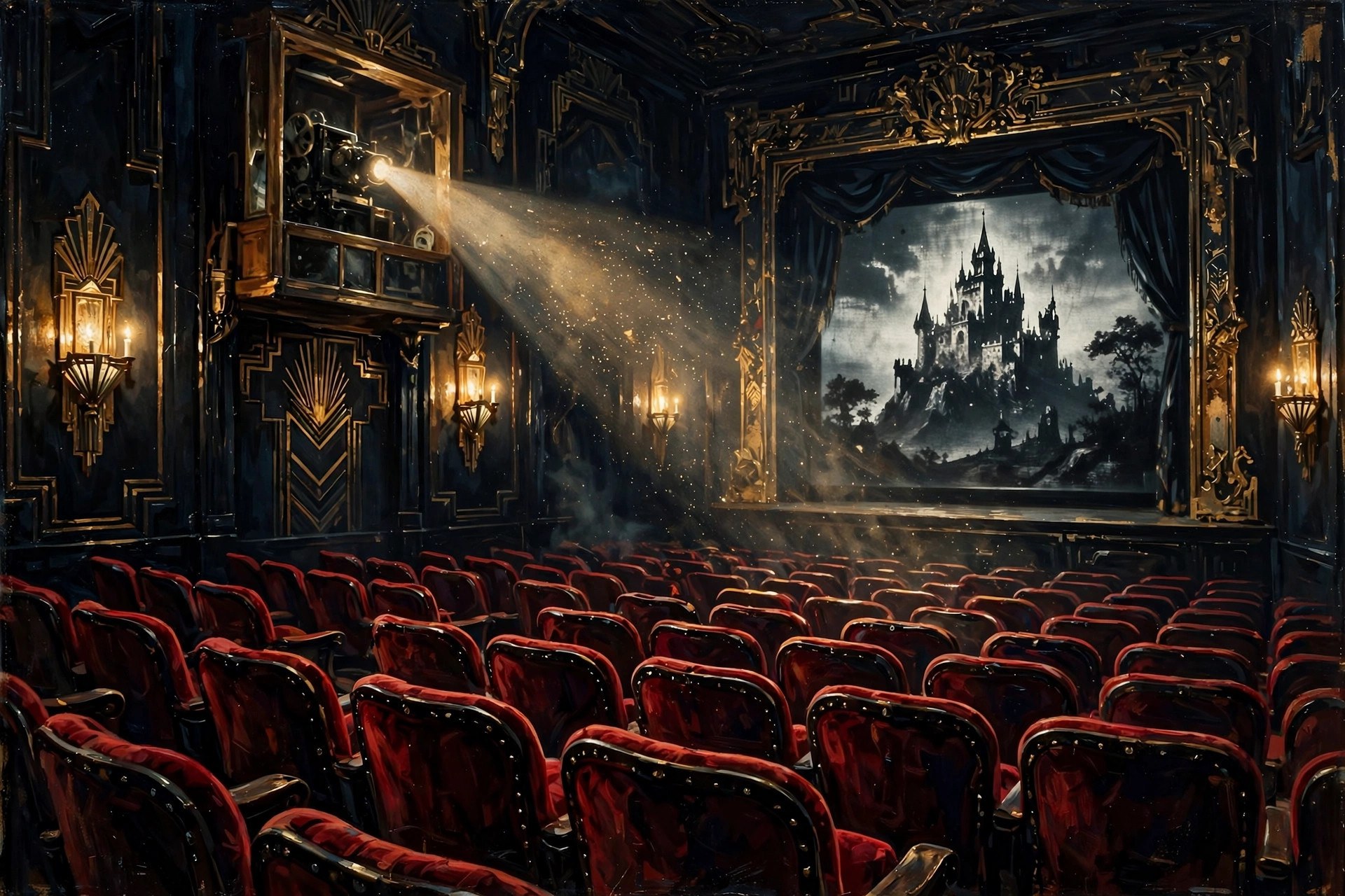 AI-generated vintage cinema interior with a projector beam, empty seats