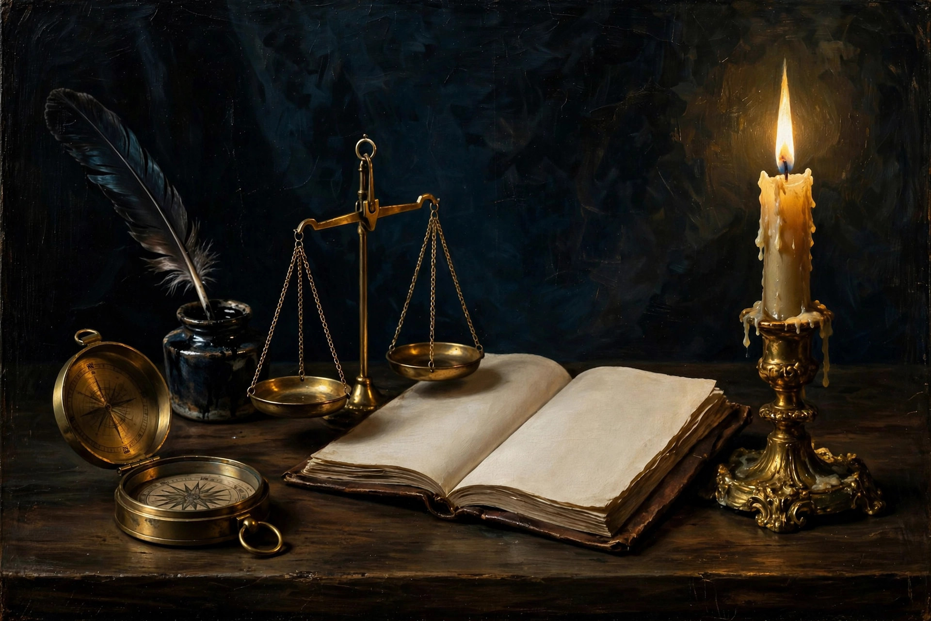 AI-generated still life of a compass, quill, and scales on a desk