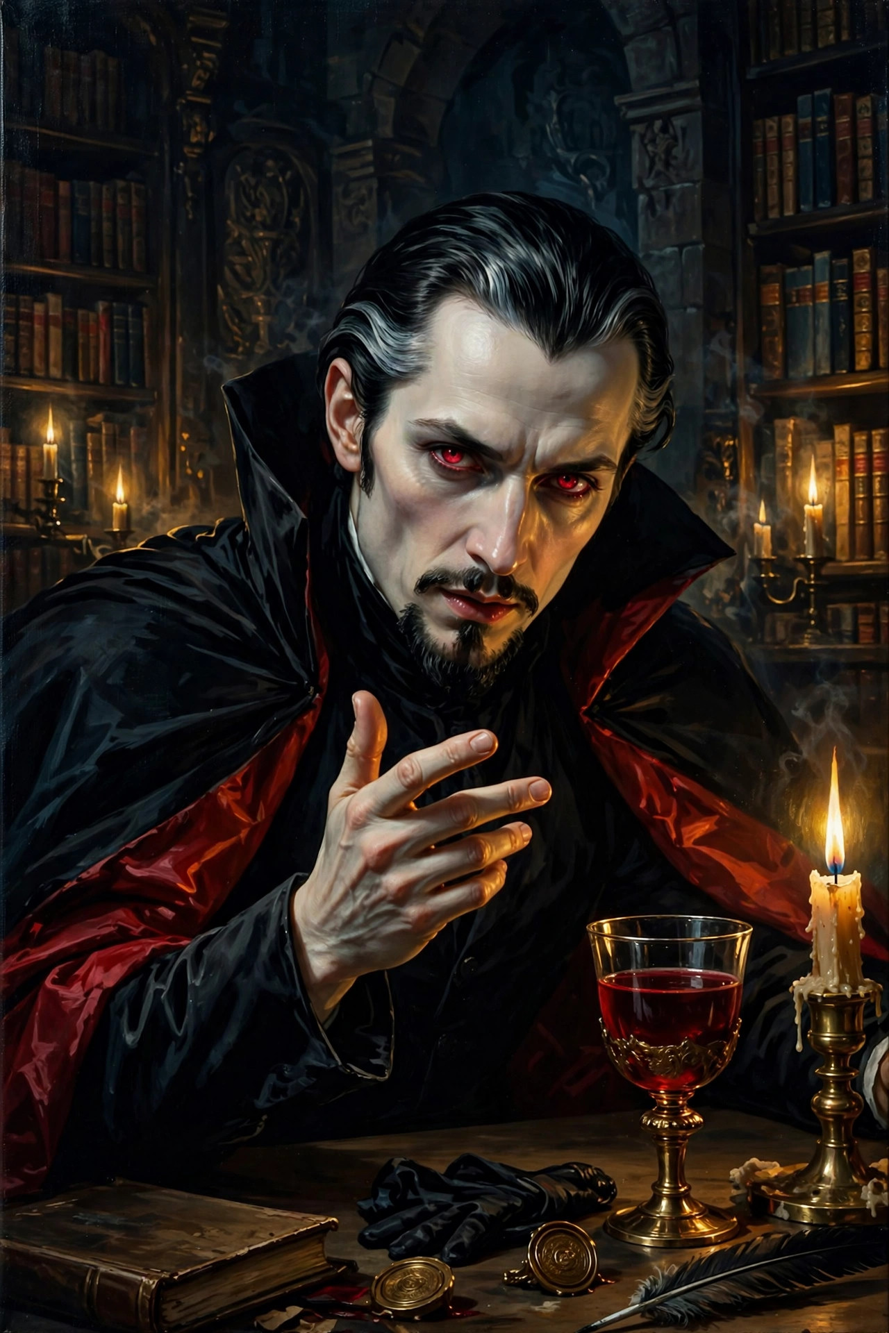 AI-generated scene of the Count leaning across a candlelit table in conversation