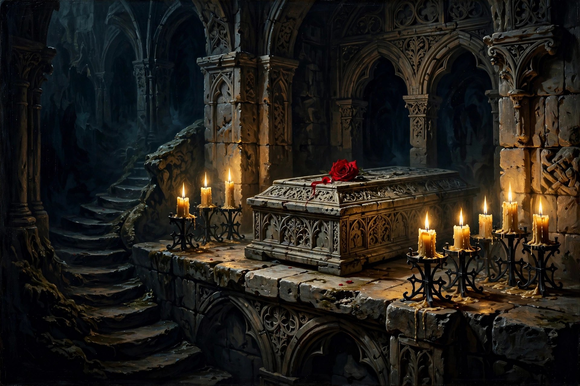 AI-generated view of the fictional castle crypt with a stone coffin