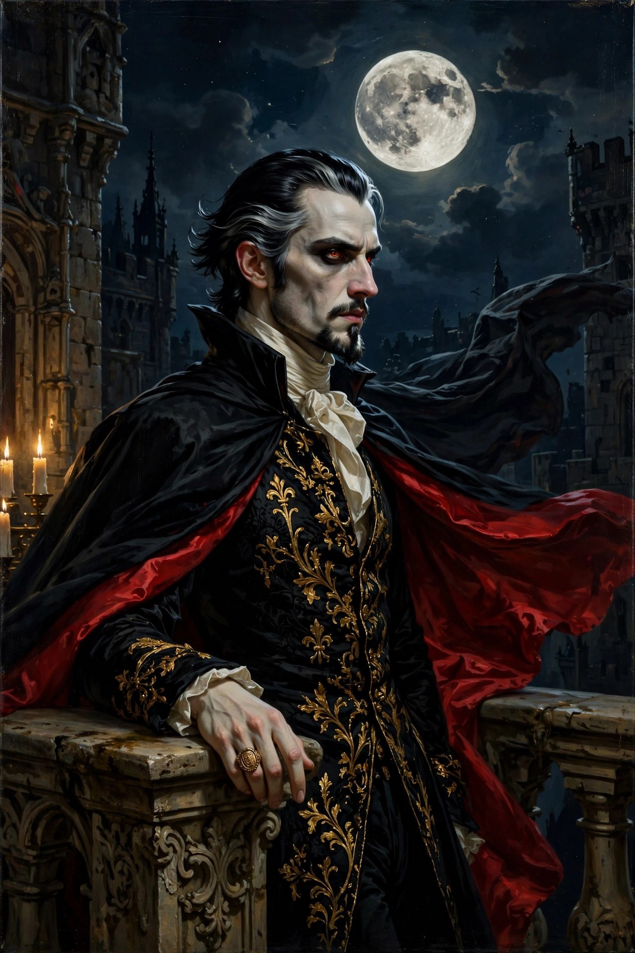 AI-generated portrait of the Vizlings Count Dracula character on a castle balcony under a full moon