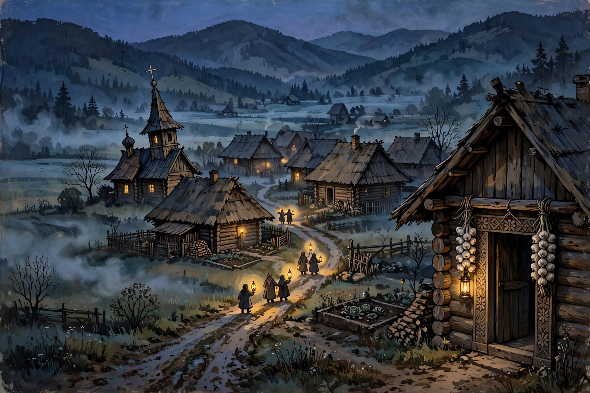 AI-generated old-world village scene at dusk in a folk-illustration style