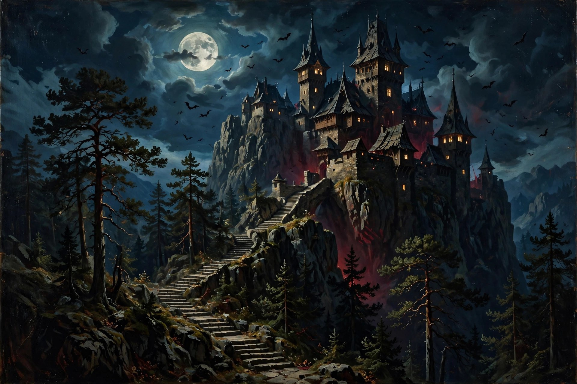 AI-generated mountain fortress at night in the Carpathian style