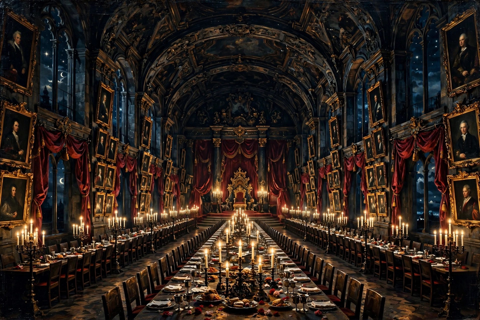AI-generated view of the fictional castle's candlelit great hall