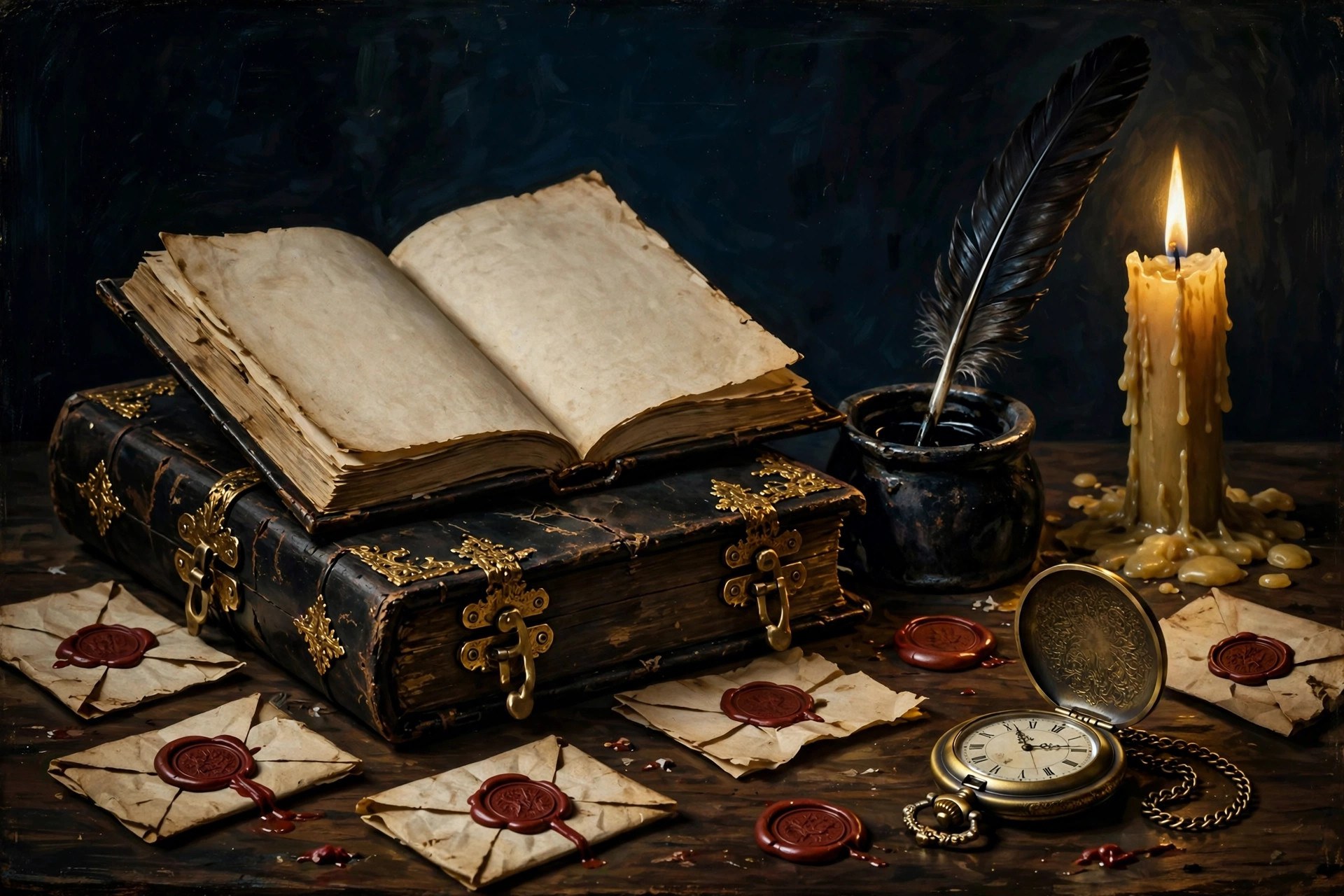 AI-generated still life of an ancient grimoire, quill, and candle