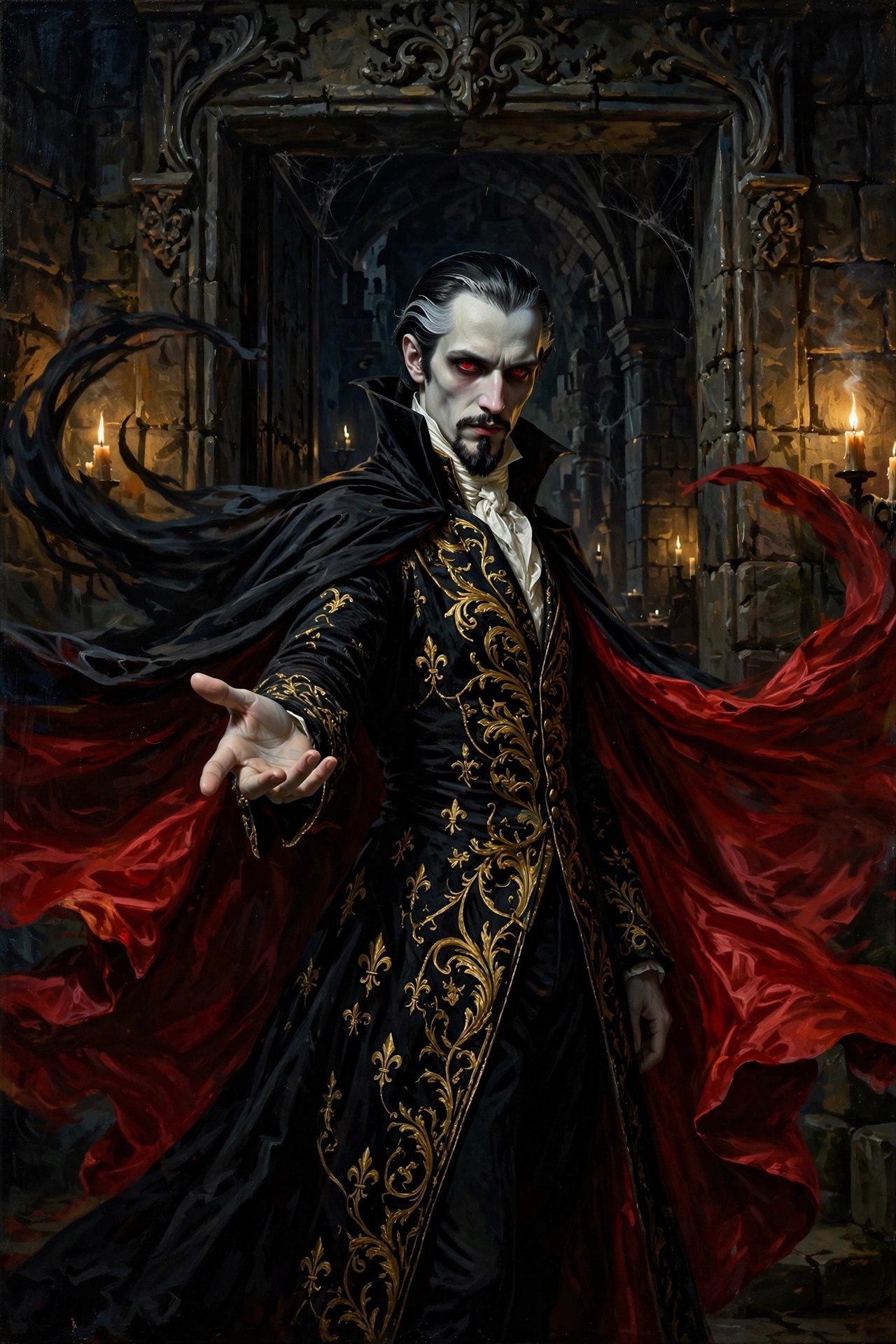 AI-generated portrait of the Vizlings Count Dracula character swirling his high-collared cape