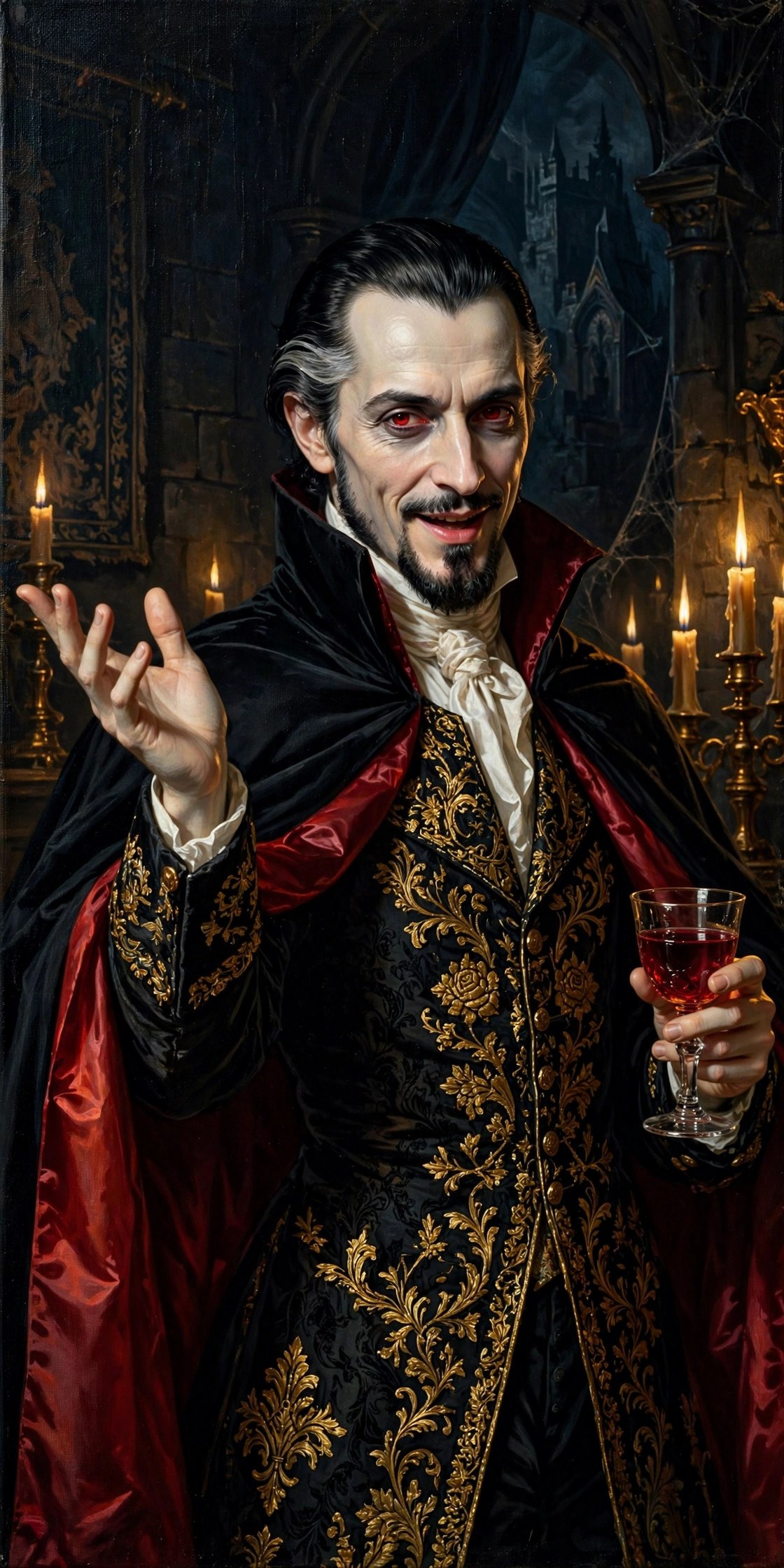 AI-generated portrait of the Vizlings Count Dracula character speaking with a raised hand