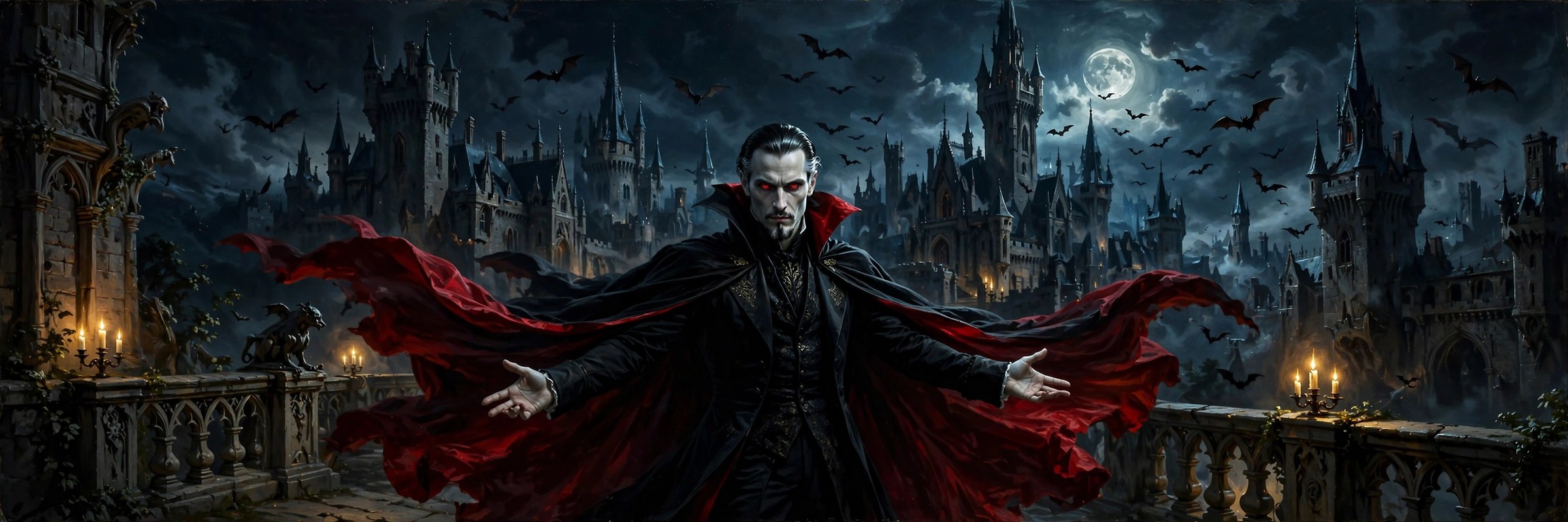 AI-generated wide banner of the Vizlings Count Dracula character before his castle at night