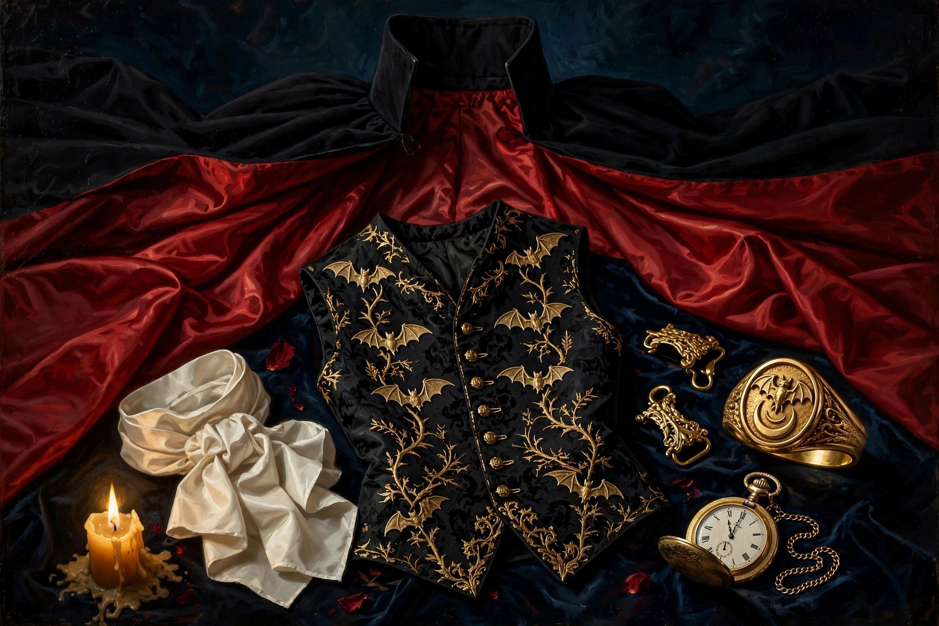 AI-generated costume study: black cape with crimson lining, gold medallion, signet ring