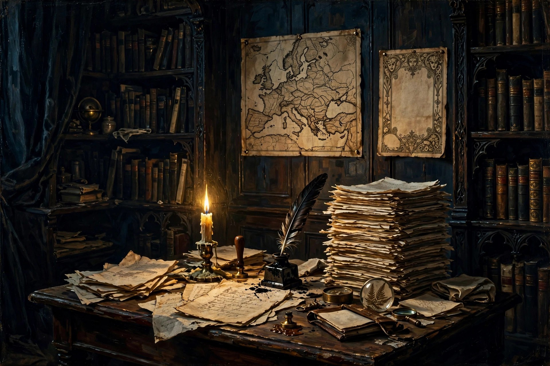 AI-generated Victorian study with a manuscript dated 1897, quill, and candlelight
