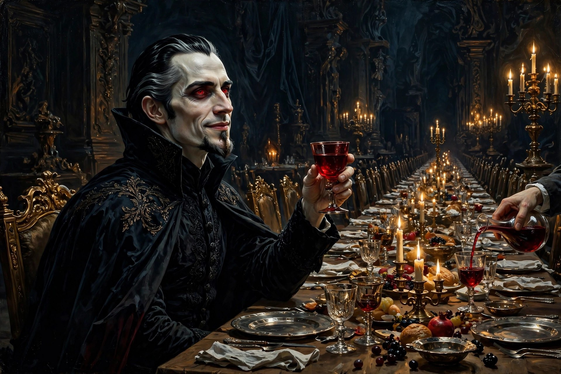AI-generated scene of the Count alone at a vast candlelit banquet table raising a crimson goblet