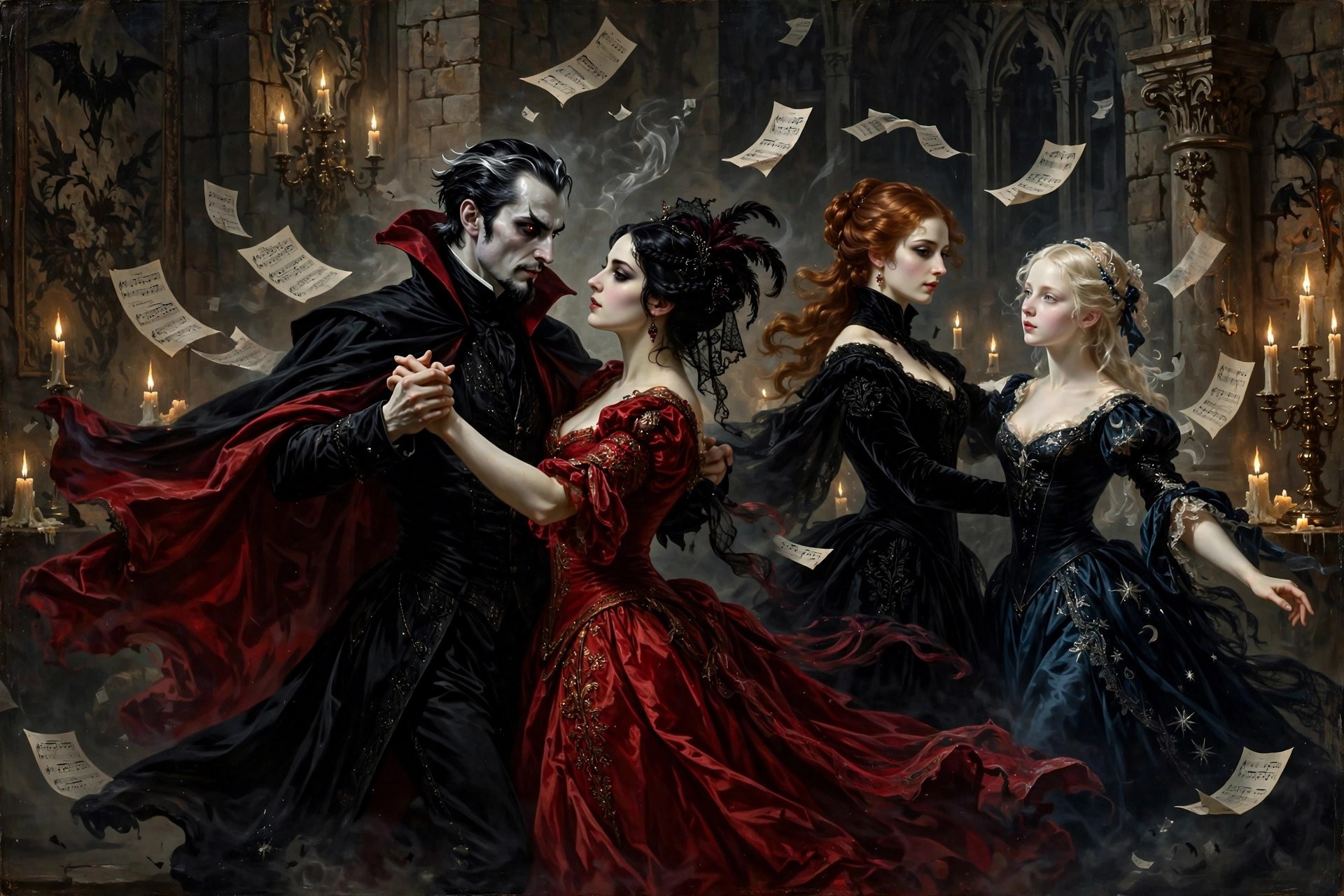 AI-generated scene of the Count waltzing with three elegant vampire brides in a candlelit hall
