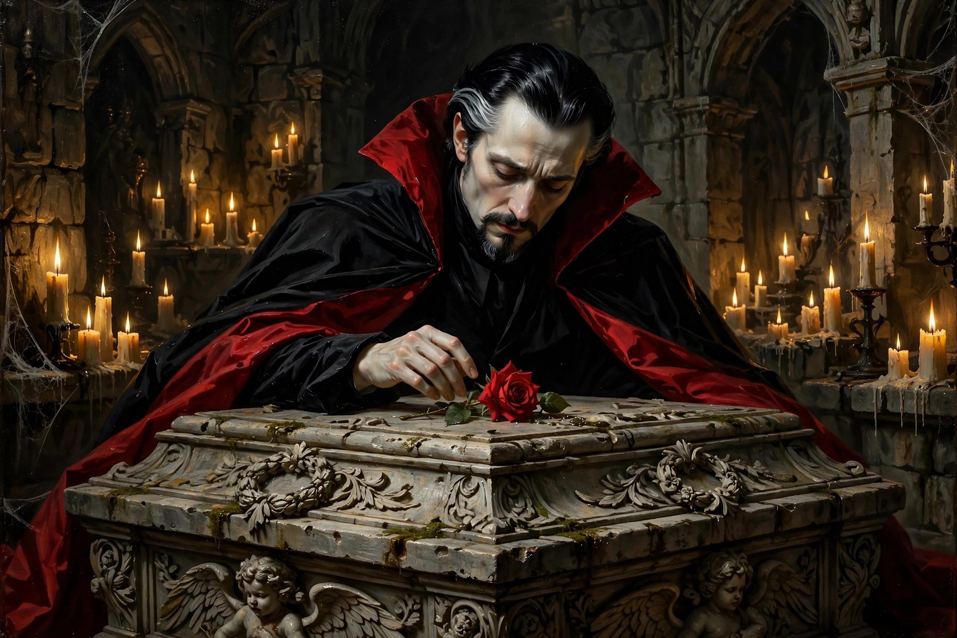 AI-generated scene of the Count placing a rose on a stone coffin in a candlelit crypt