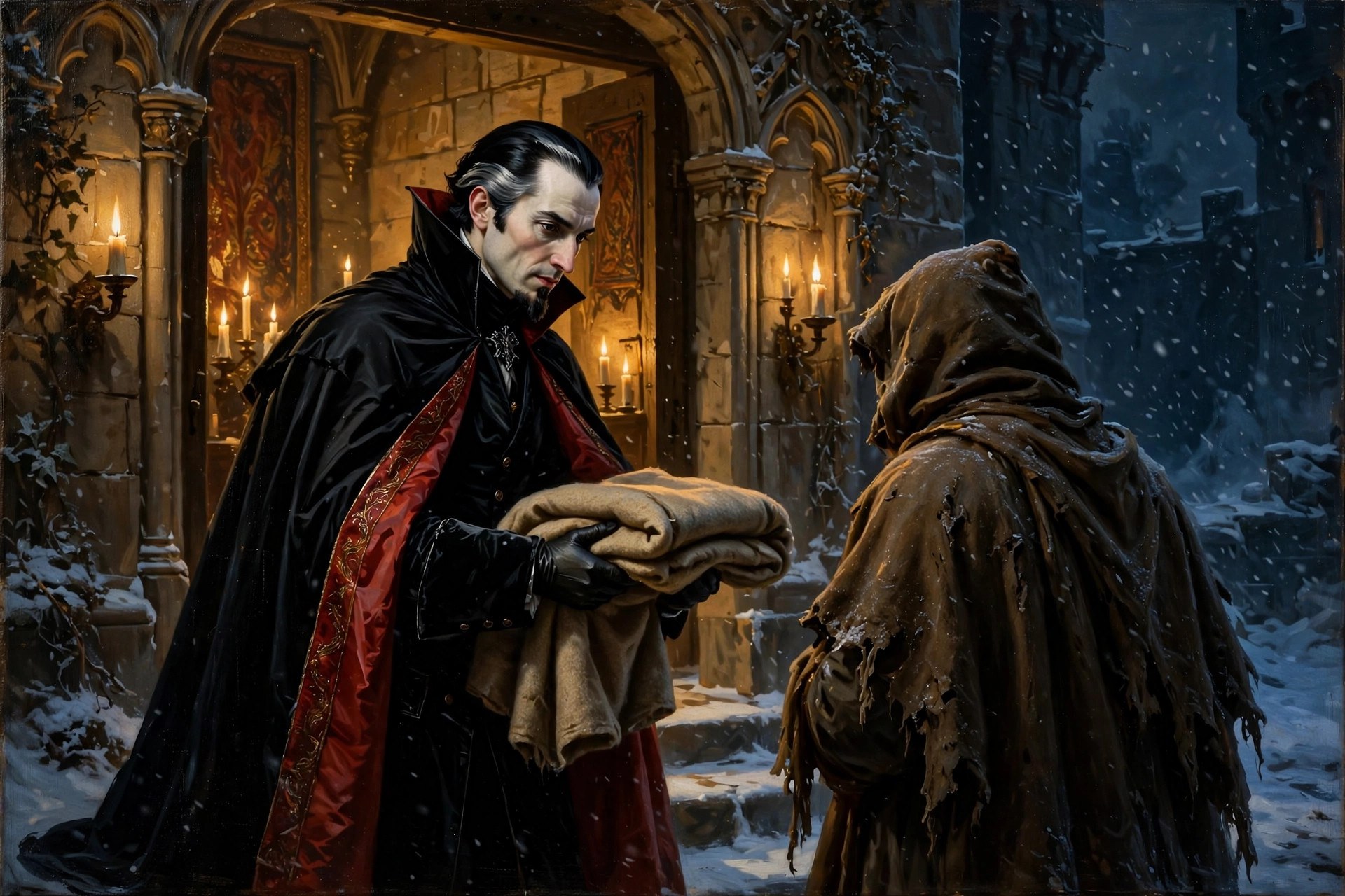 AI-generated scene of the Count welcoming a traveler at the castle's great doors at night