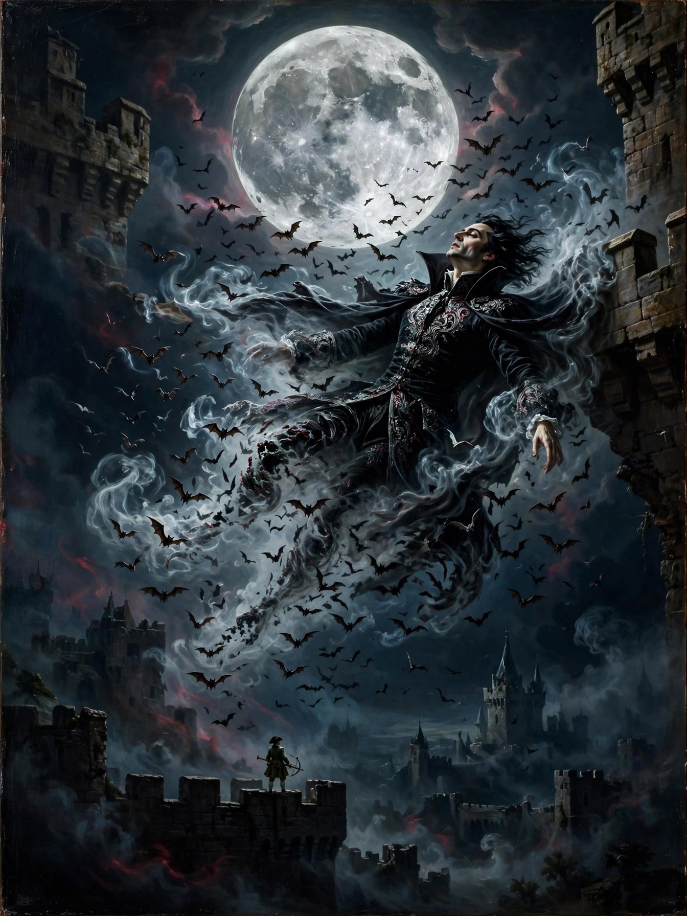 AI-generated scene of the Count dissolving into mist and bats beneath a full moon