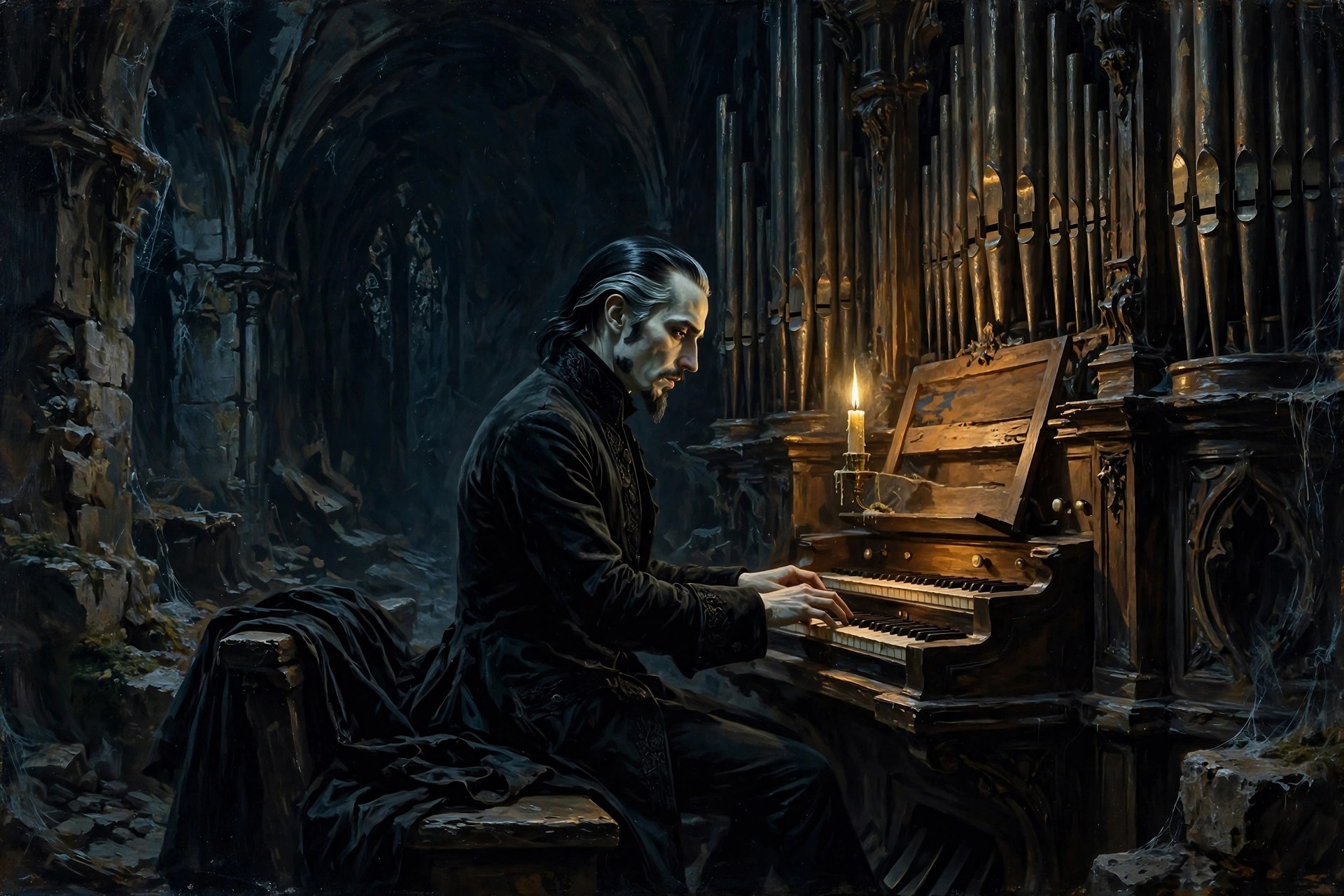 AI-generated scene of the Count playing a great pipe organ in a dark chapel
