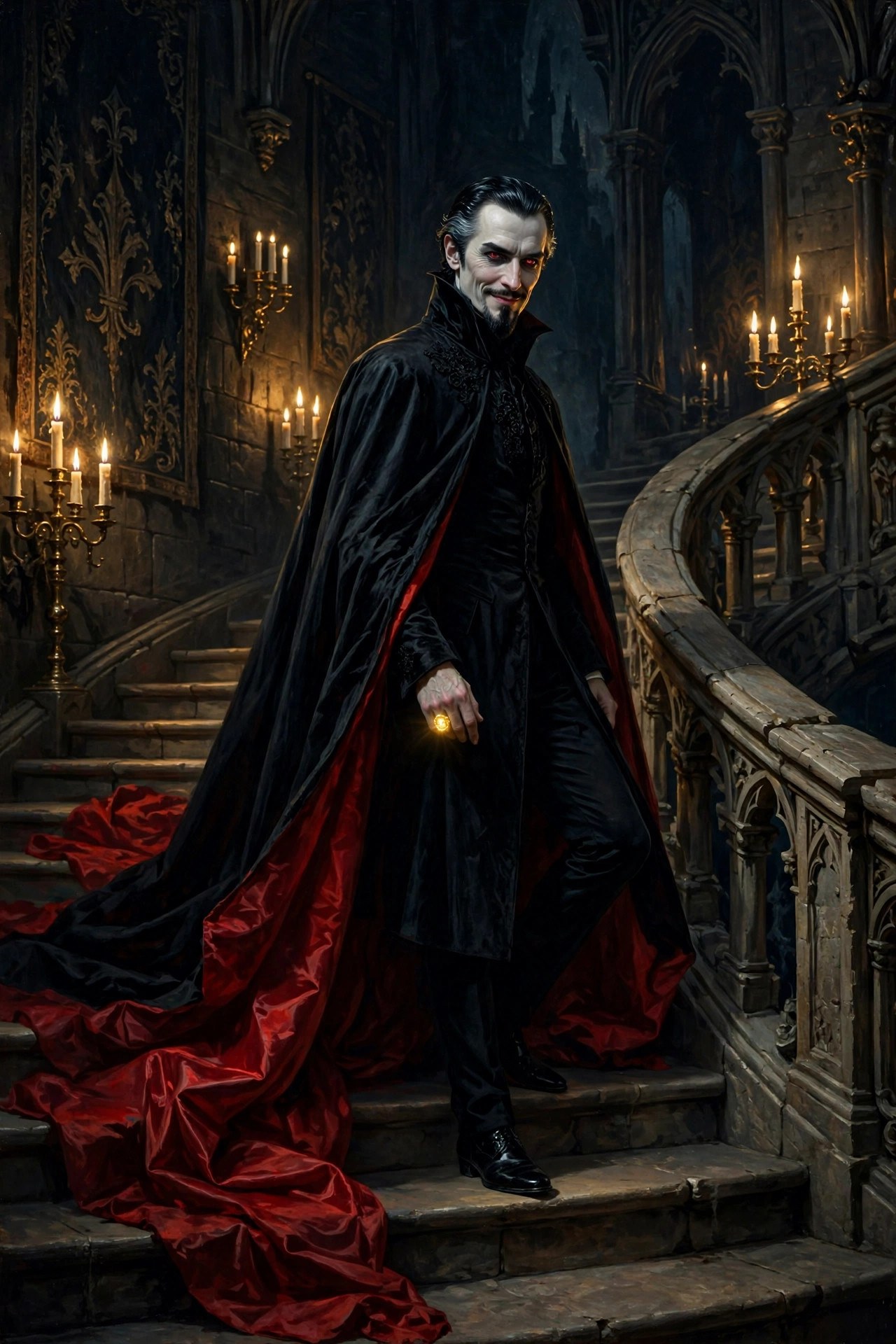 AI-generated scene of the Count descending a grand candlelit staircase, cape flowing