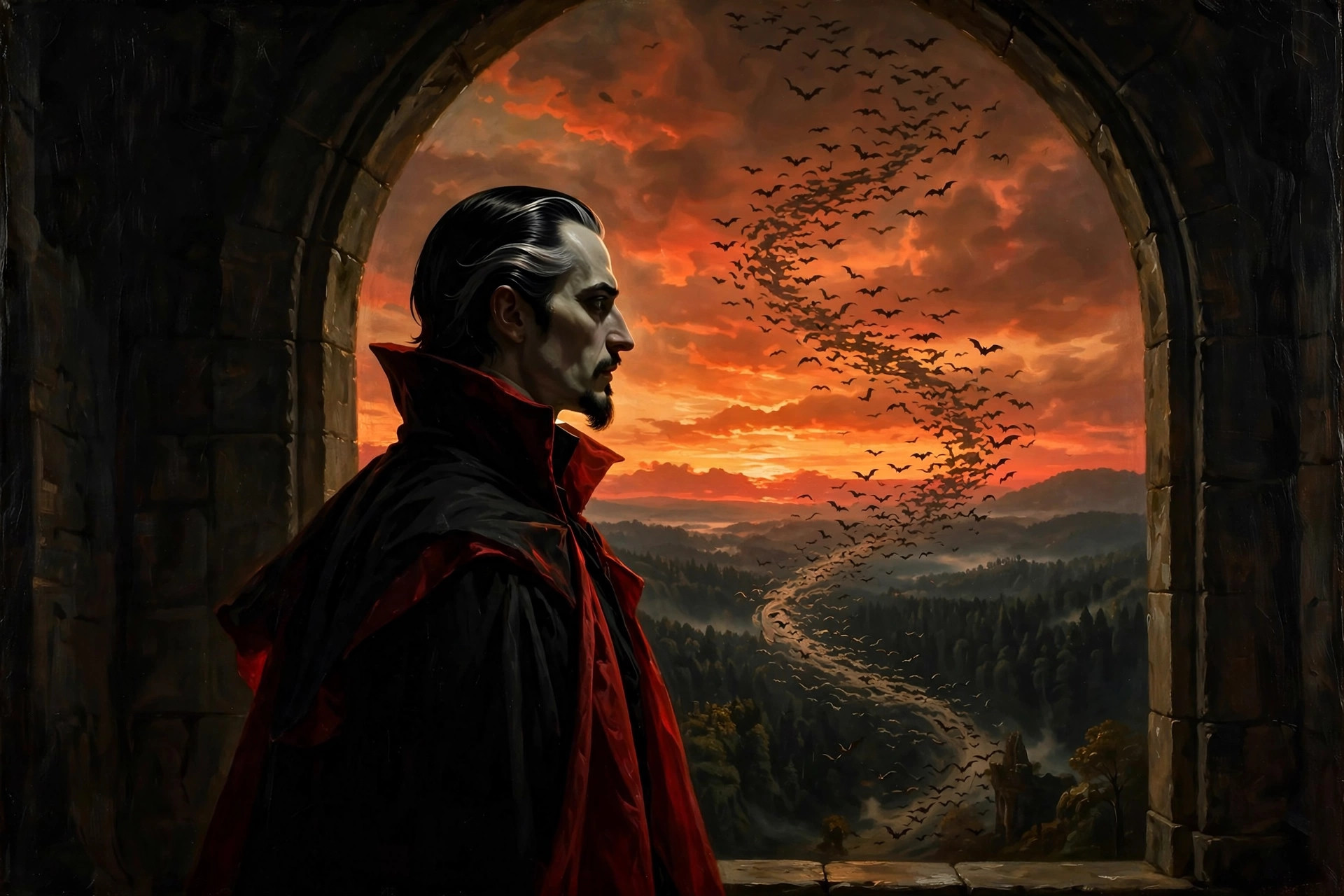 AI-generated scene of the Count silhouetted at a tall arched window as bats rise outside