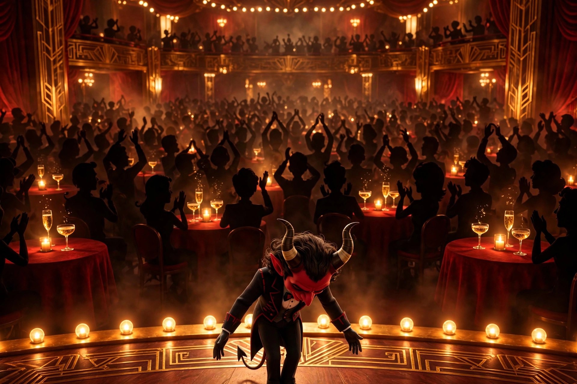 The cabaret audience seen from the stage: silhouetted patrons applauding at round tables while the Dapper Imp takes a bow at the stage's edge