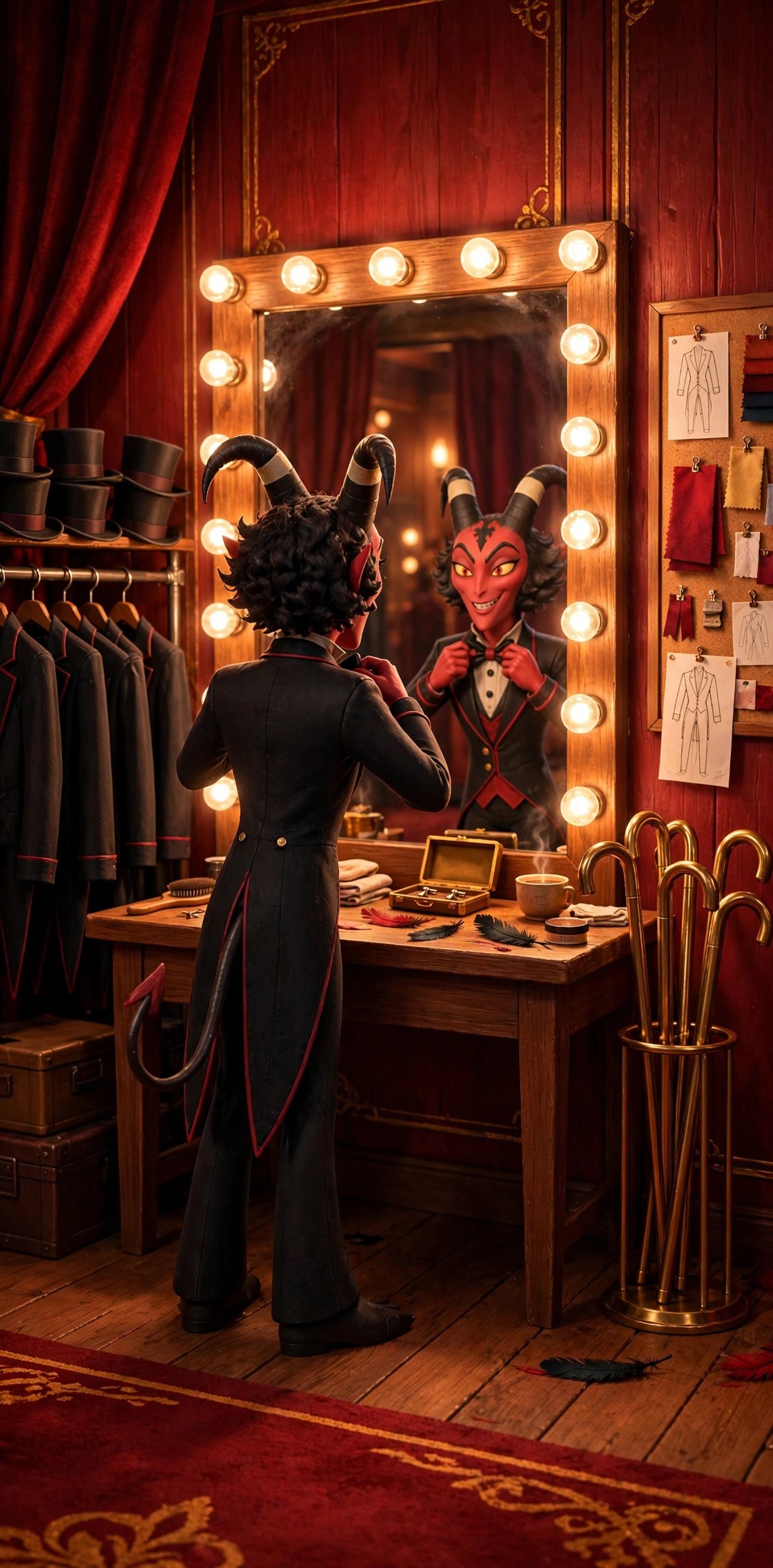 A cabaret dressing room: lit vanity mirror, a rack of tiny tailcoats and top hats, a cane stand, and the Imp adjusting his bow tie in the mirror, seen from behind