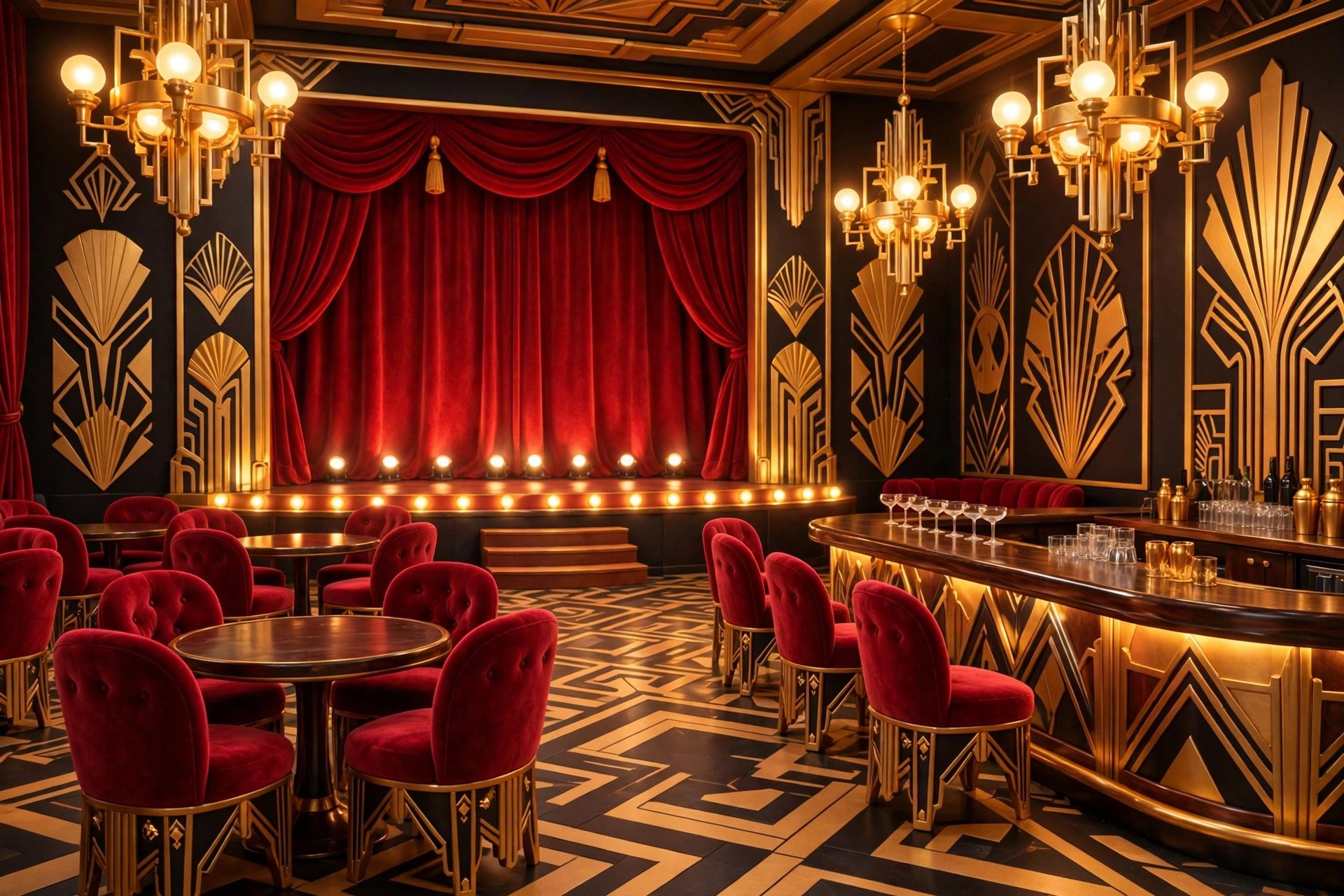 The lavish art-deco interior of the Gilded Footlight cabaret: round tables, red velvet chairs, gold chandeliers, and a curtained stage, empty before the show
