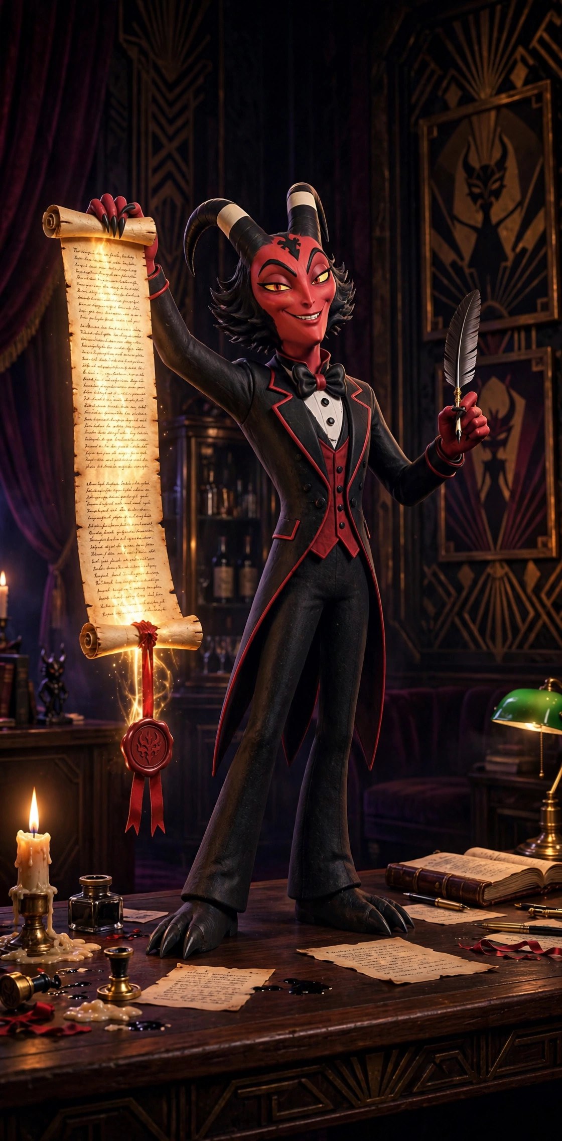 The Dapper Imp holding up a long glowing parchment contract covered in dense fine print, a red wax seal dangling, quill in his other hand
