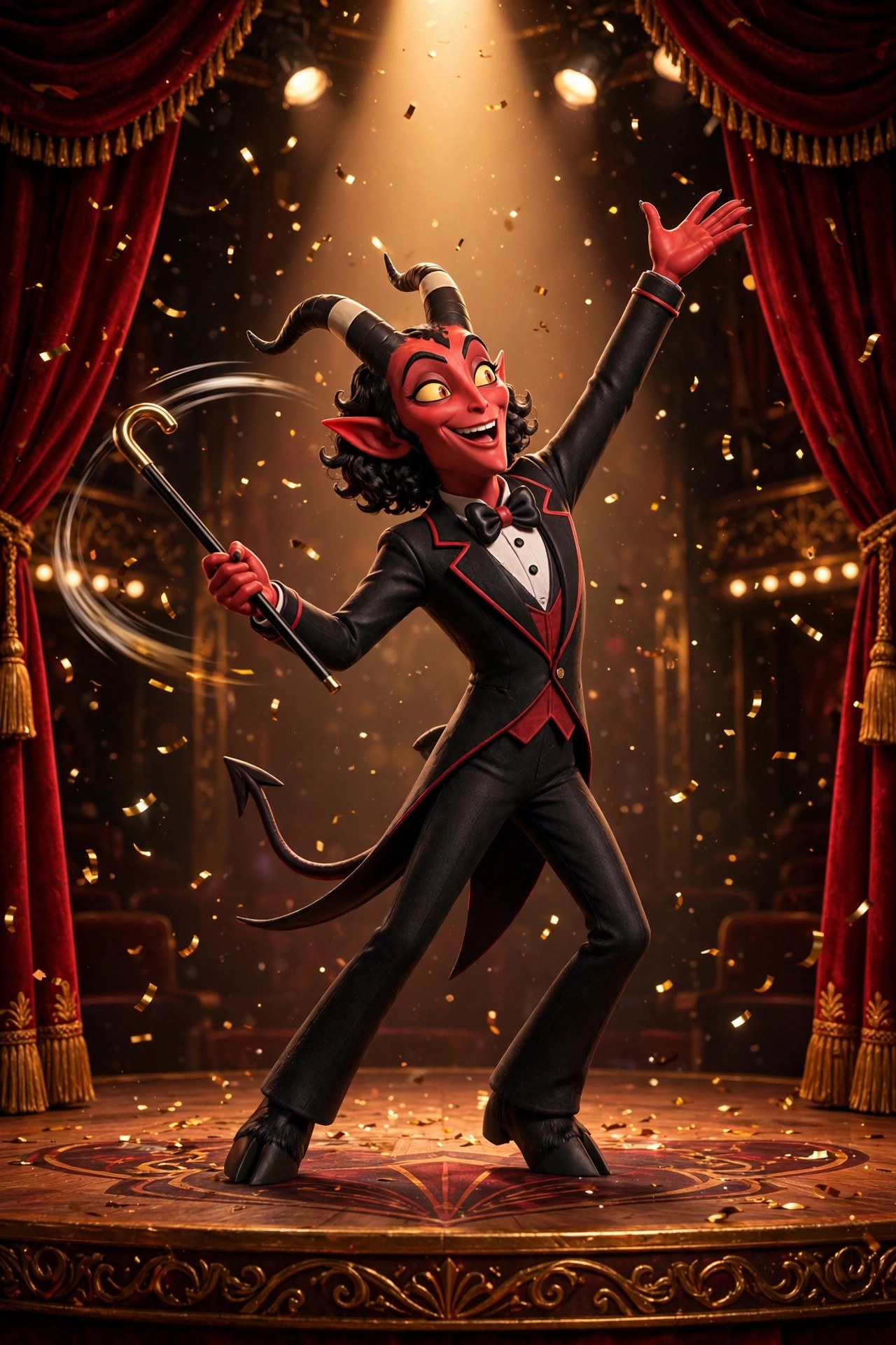The Dapper Imp as emcee under a single spotlight, twirling his cane with one arm raised to the audience as confetti falls