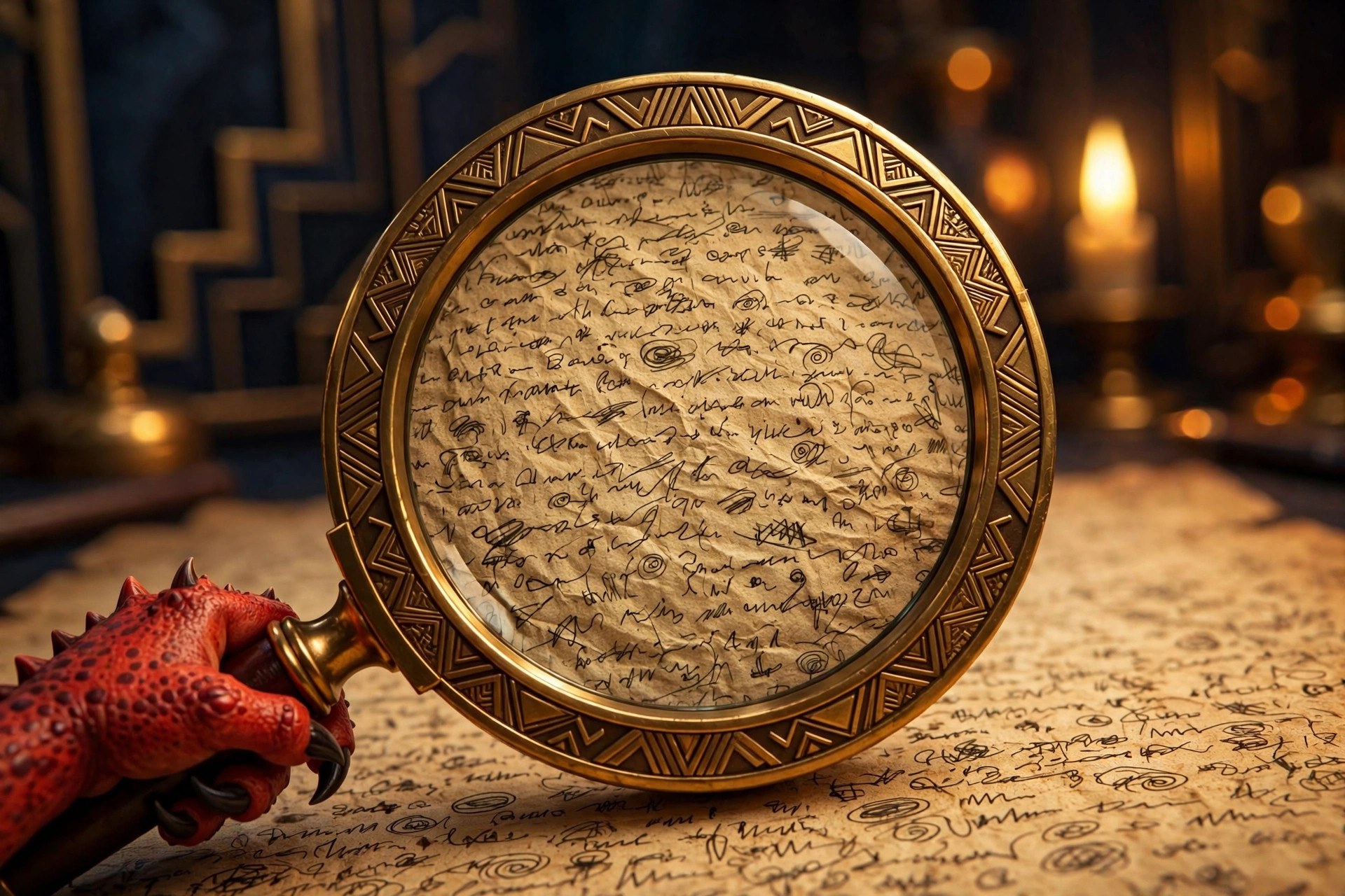 Aged parchment covered in dense tiny contract print under a brass magnifying glass held by a small red clawed hand