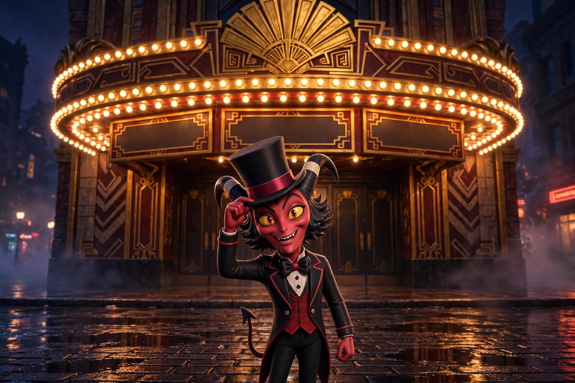 An art-deco theatre marquee glowing at night while the Dapper Imp, in tailcoat and top hat, tips his hat beneath it
