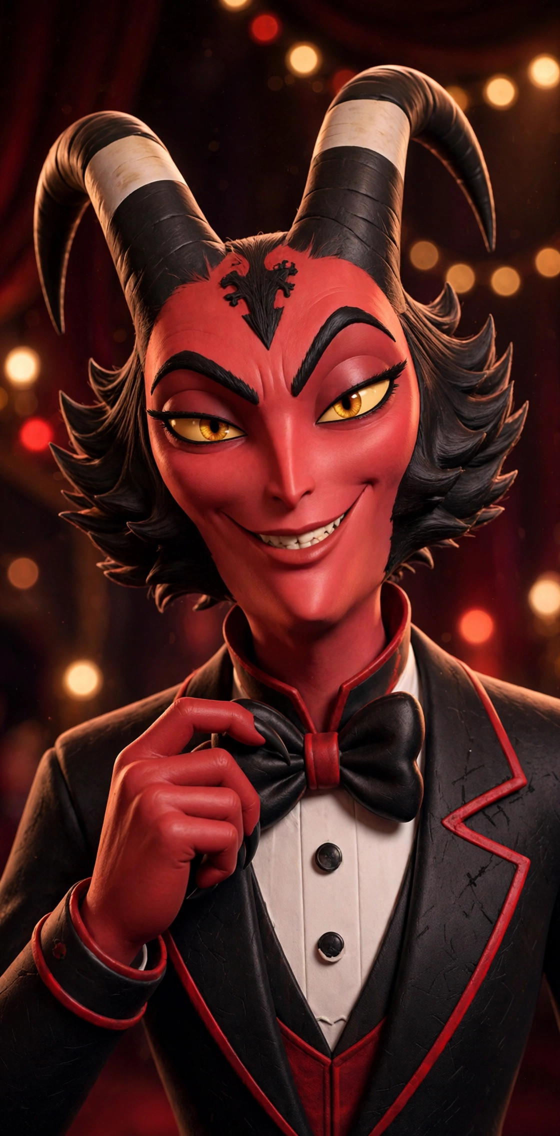 Close portrait of the Dapper Imp adjusting his black bow tie, golden eyes and a sly confident grin