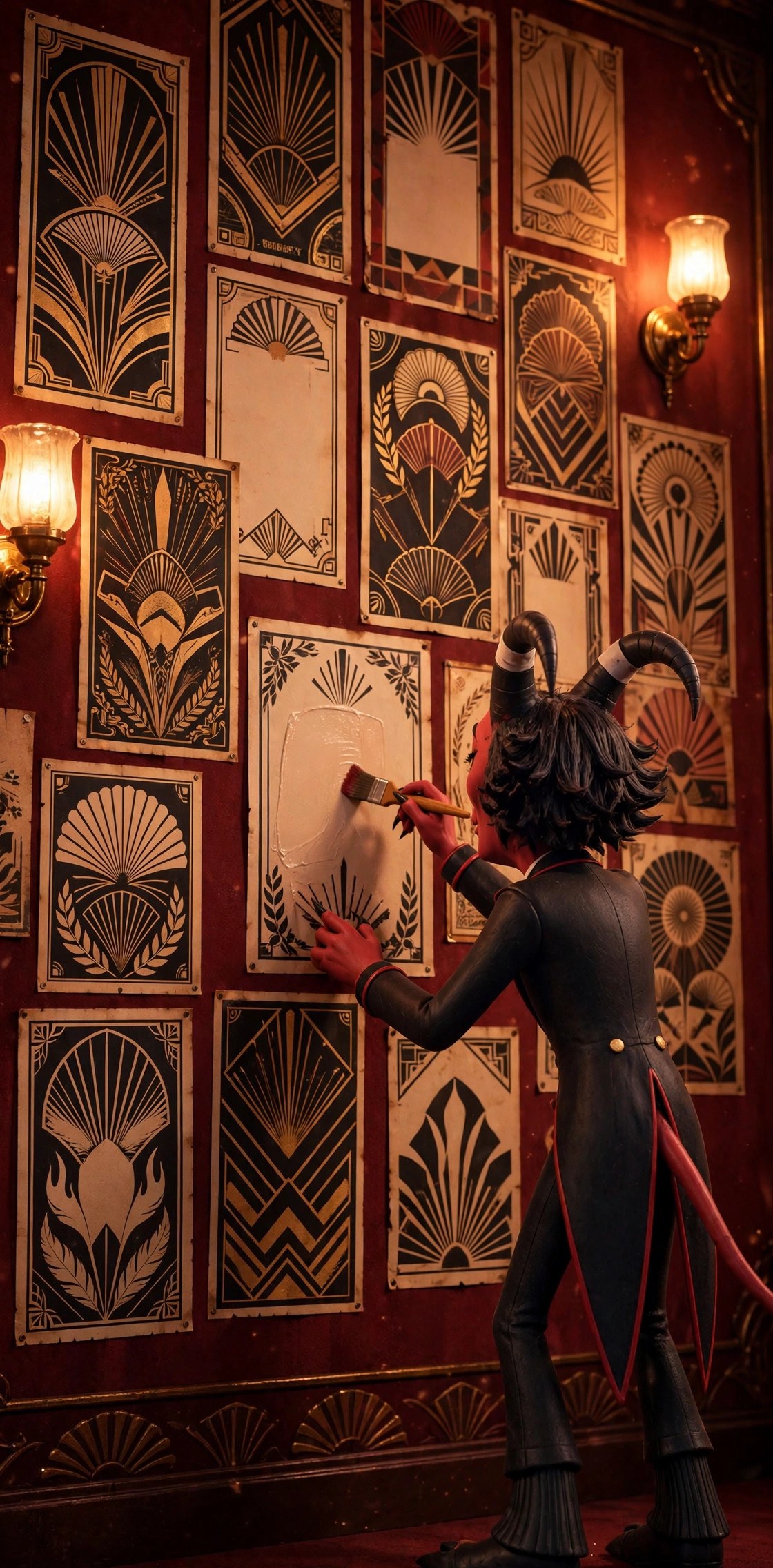 A wall of ornate art-deco cabaret showbills with geometric gold borders while a small demon silhouette pastes up a new poster