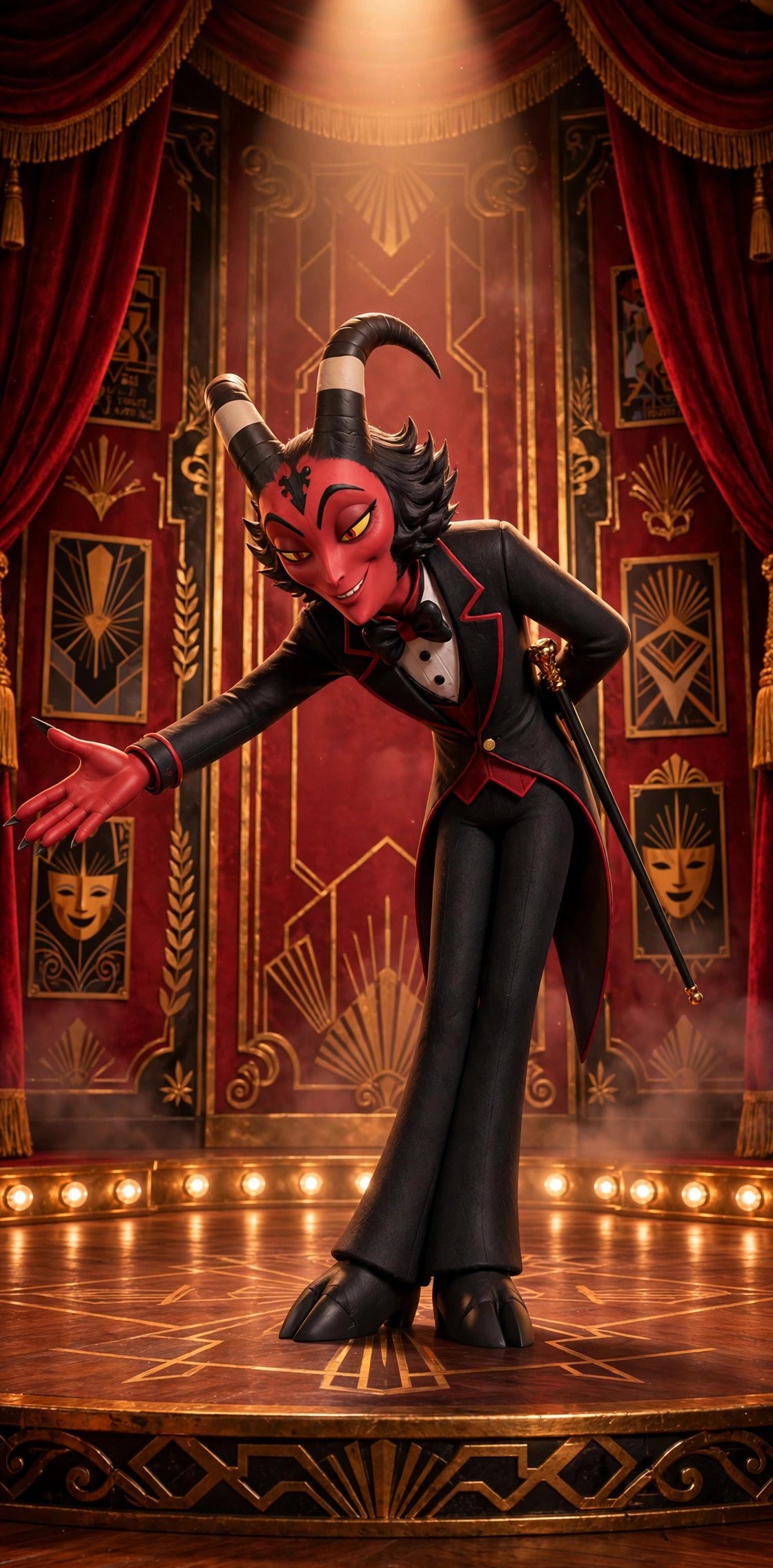 The Dapper Imp, a small crimson demon showman in a black tailcoat with red piping, bow tie and waistcoat, taking a theatrical bow on a velvet cabaret stage under golden footlights