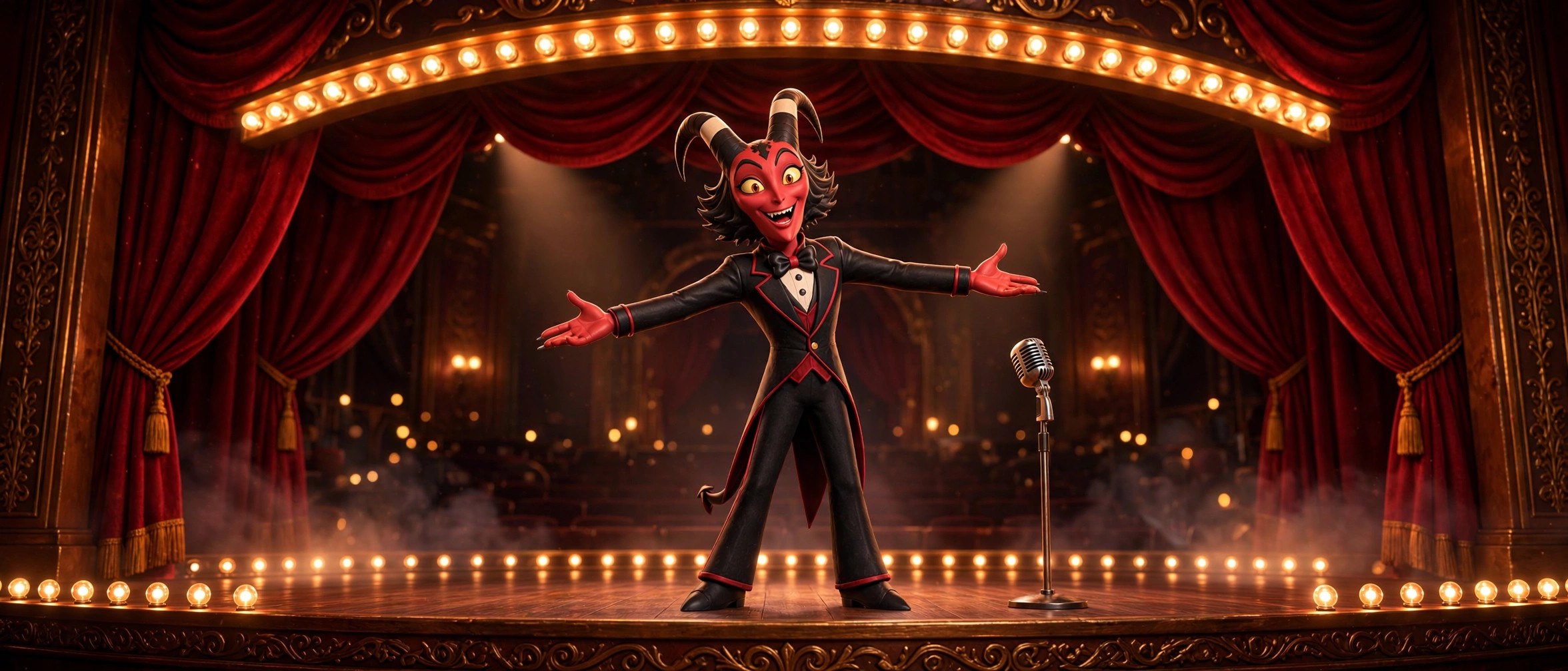 The Dapper Imp with arms spread wide, presenting an empty vintage cabaret stage with glowing marquee light, red velvet curtains and footlights