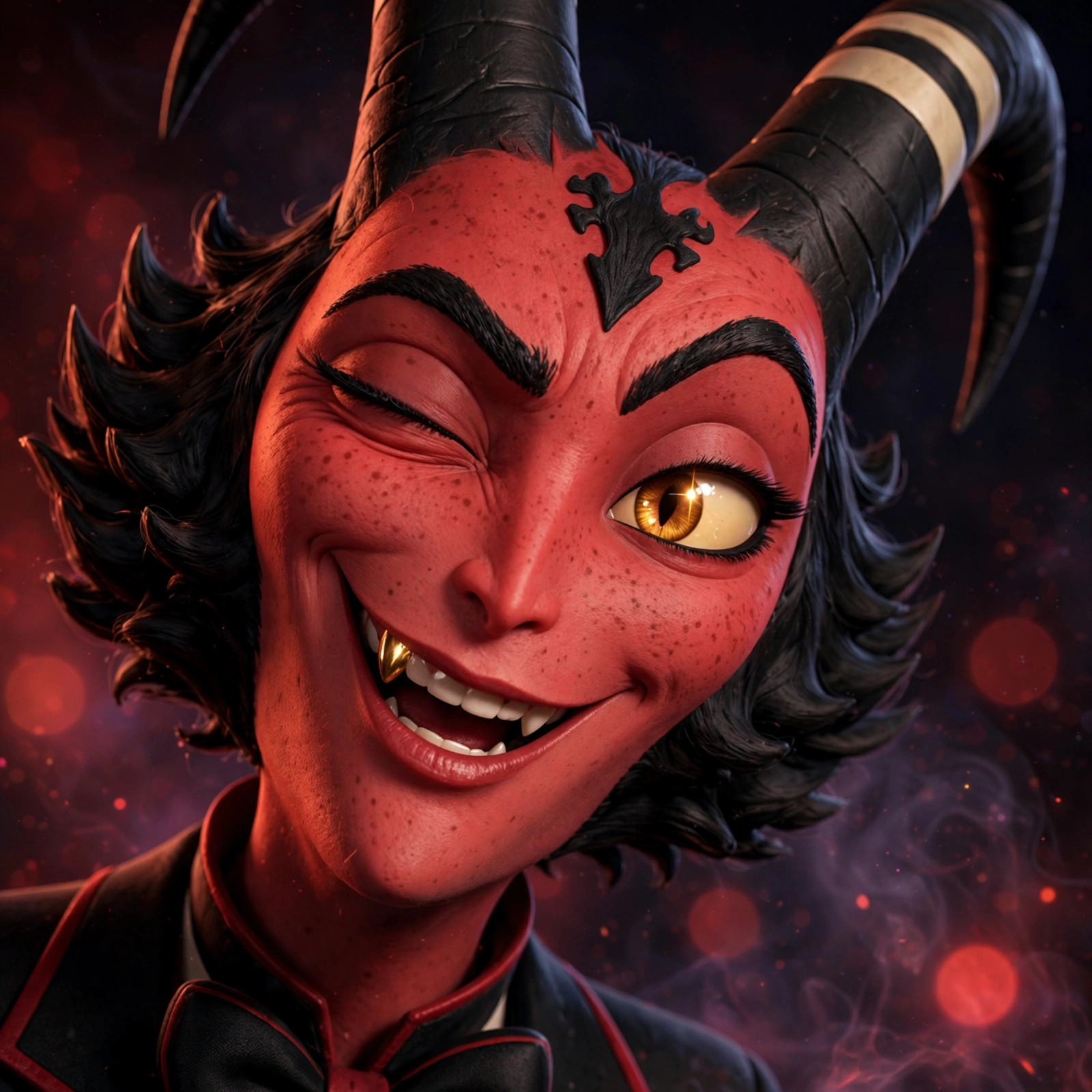 Extreme close-up of the Dapper Imp mid-wink, one golden eye closed, a sly grin with a glinting gold tooth