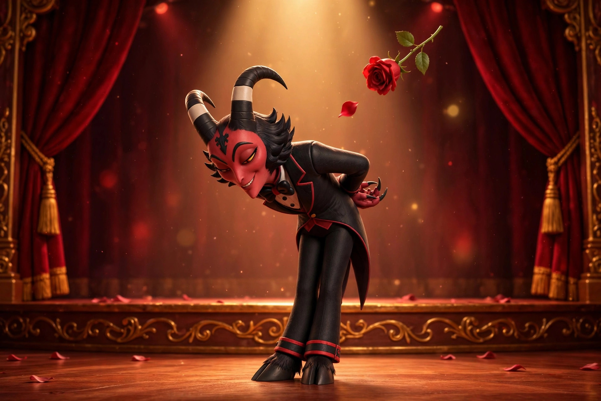 The Dapper Imp taking a deep theatrical bow as a single red rose arcs through the air toward him
