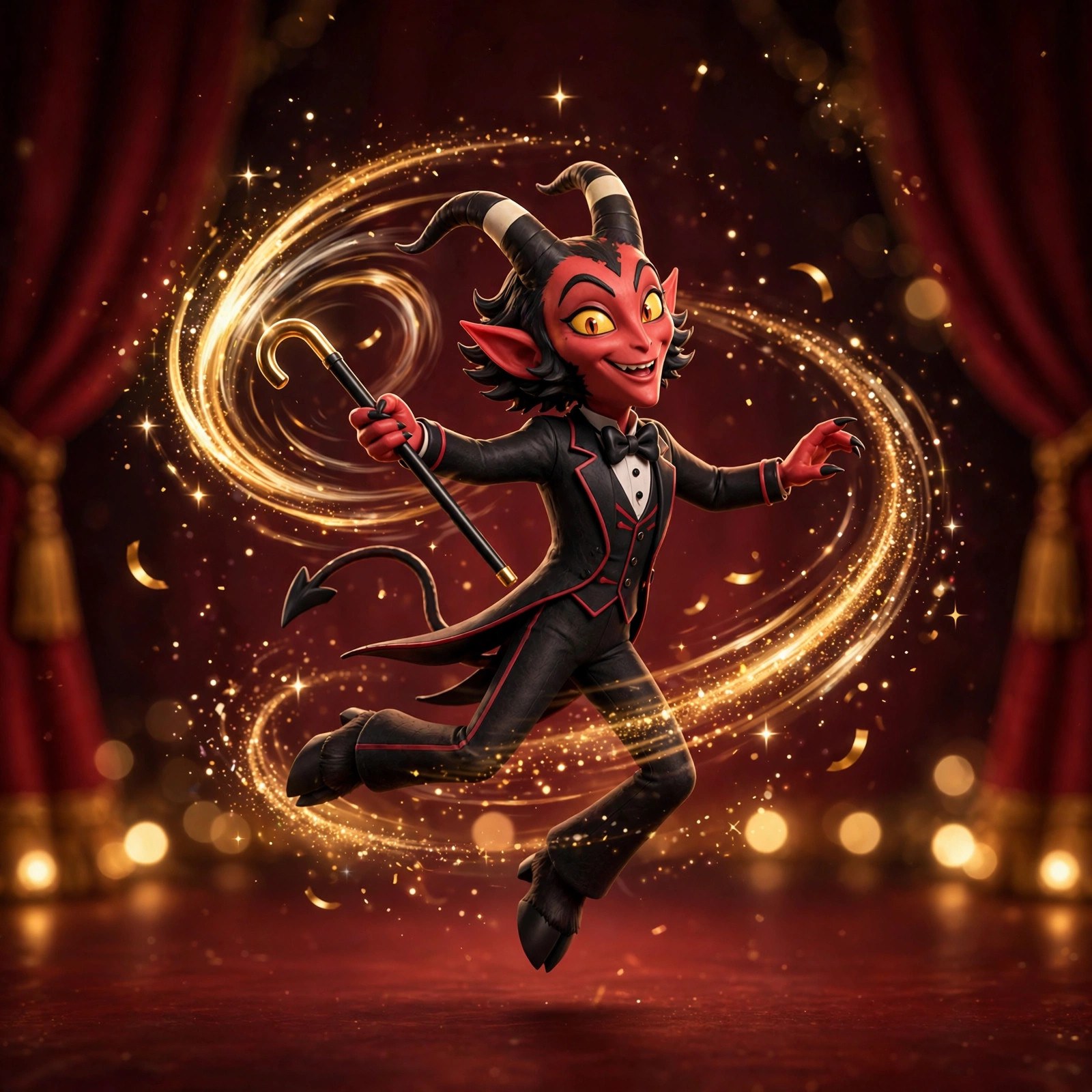 The Dapper Imp twirling his cane with a swirl of motion, mid-spin on a cabaret stage