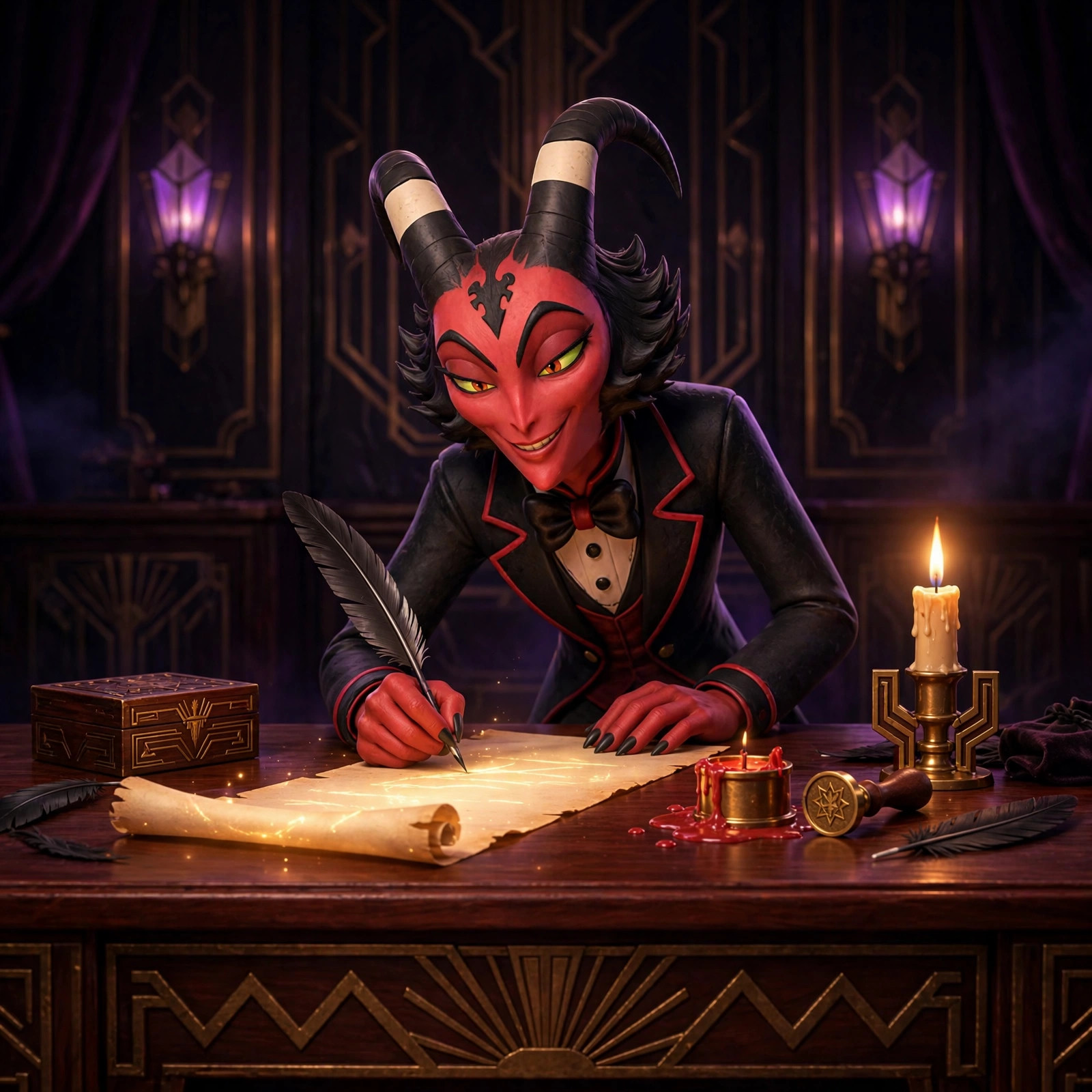 The Dapper Imp signing a glowing parchment contract at a mahogany desk, quill mid-signature, wax seal nearby