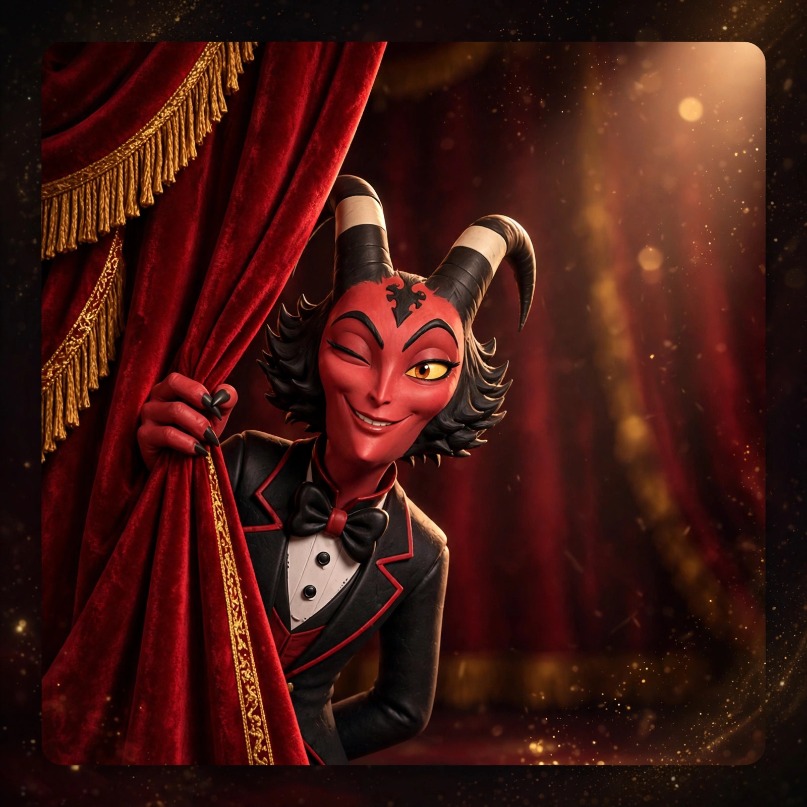 The Dapper Imp peeking through a gap in heavy red velvet stage curtains, one golden eye winking