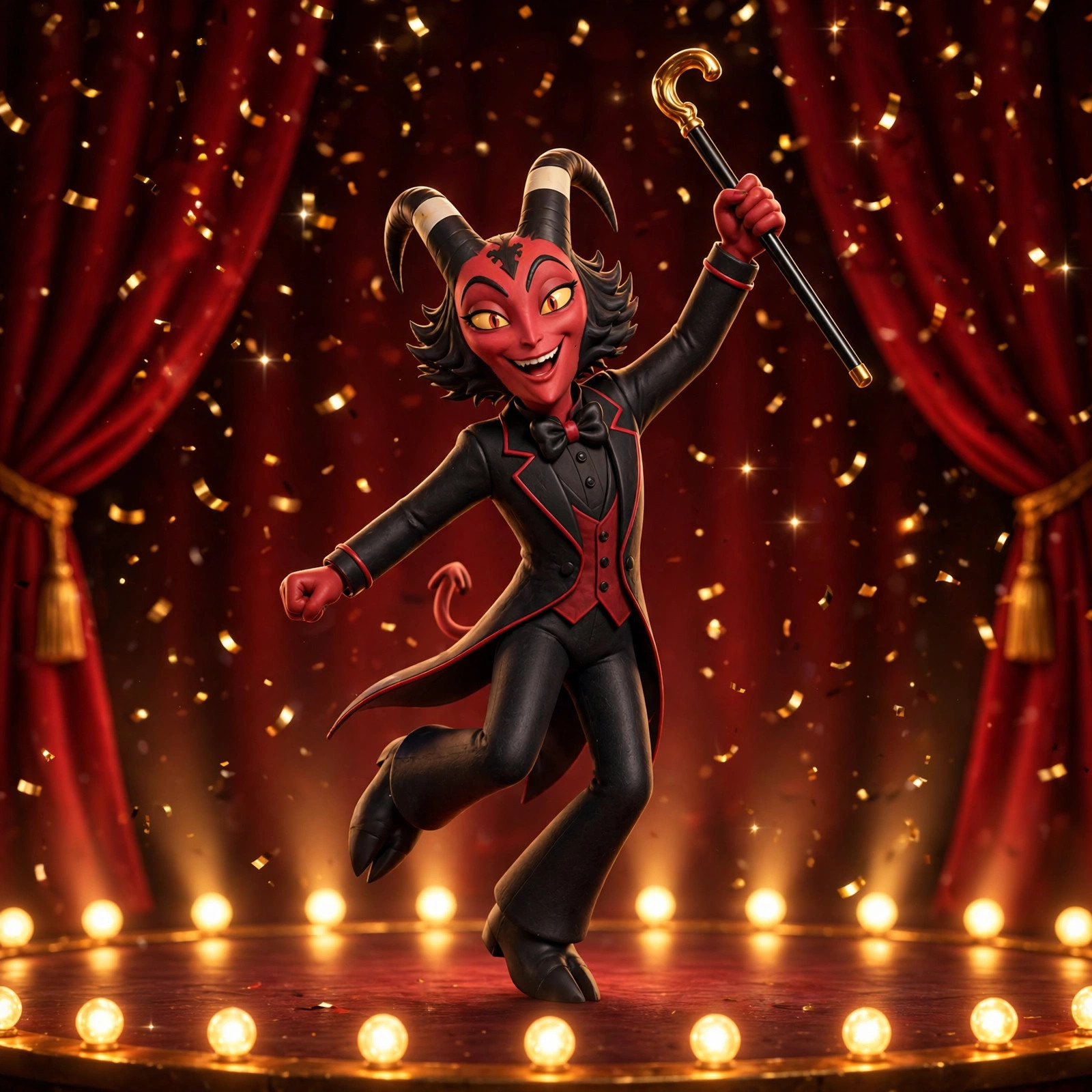 The Dapper Imp mid tap-dance step in a row of glowing golden footlights, cane raised, confetti in the air