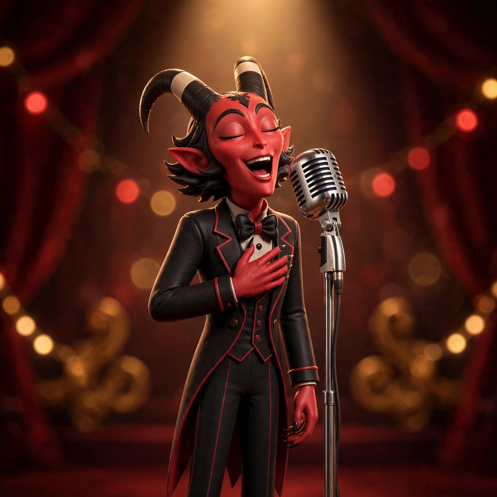 The Dapper Imp singing into a vintage chrome ribbon microphone under a warm spotlight
