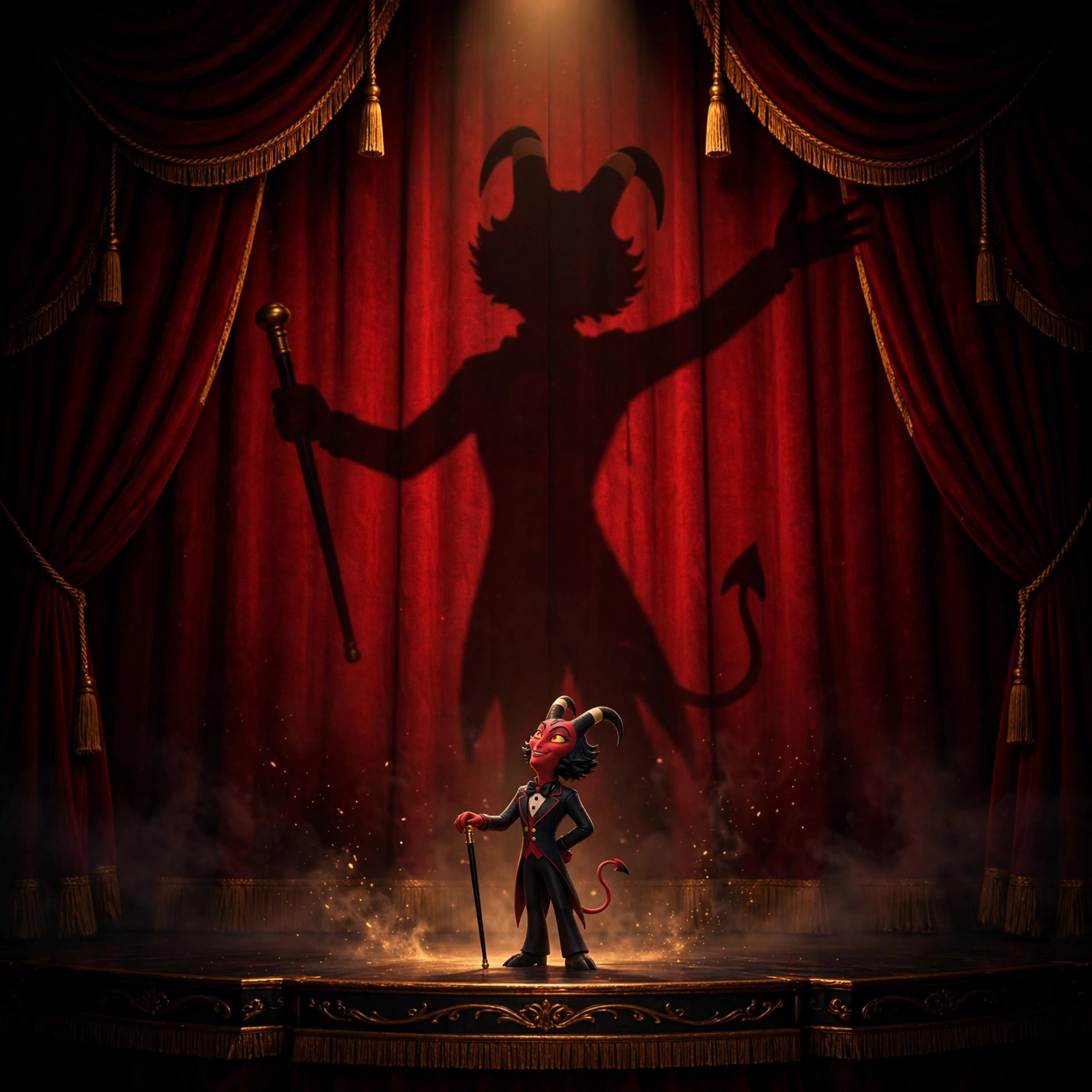 The Dapper Imp's dramatic oversized shadow with cane cast across a red velvet curtain, the small figure at its base