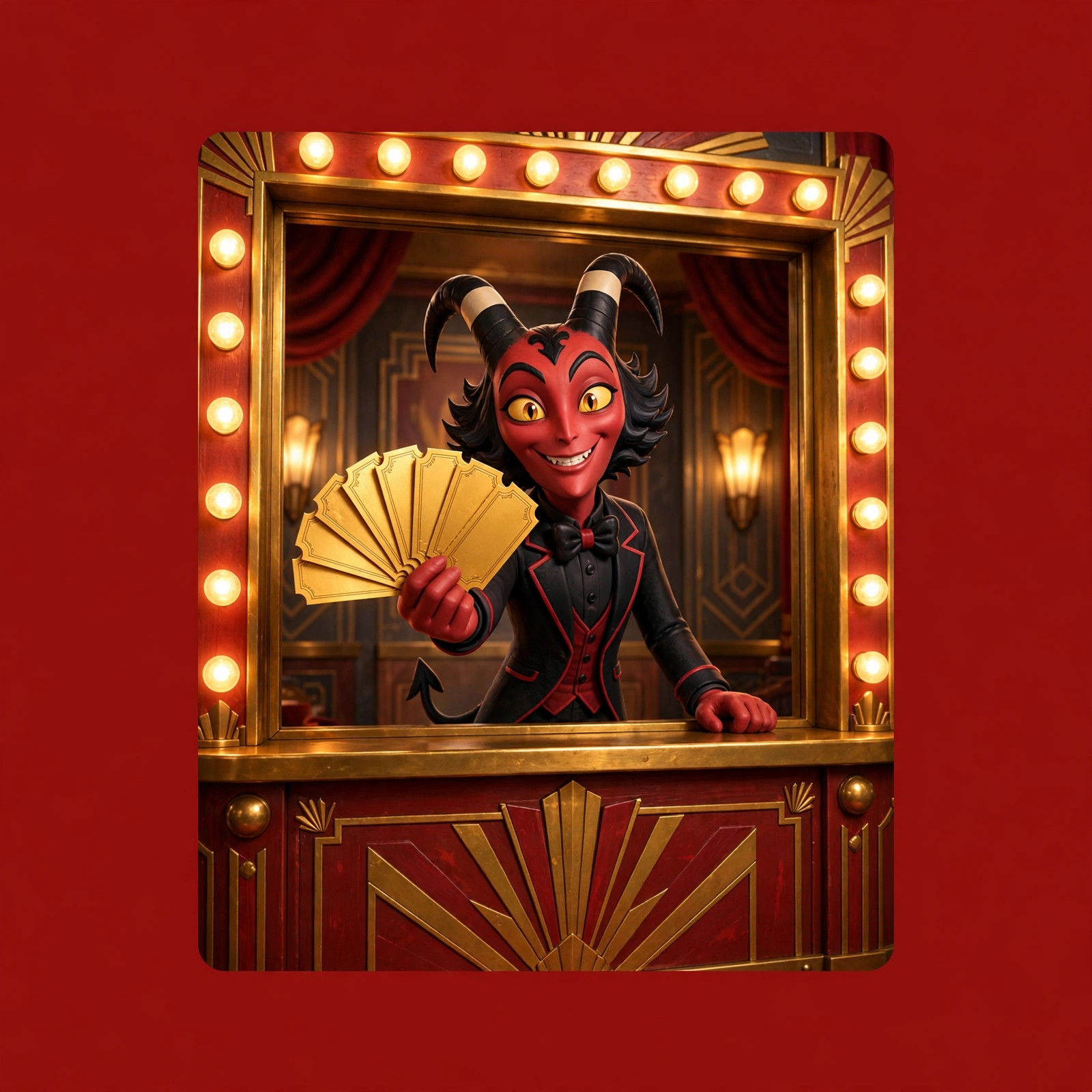 The Dapper Imp at a brass box-office window fanning out a hand of golden tickets