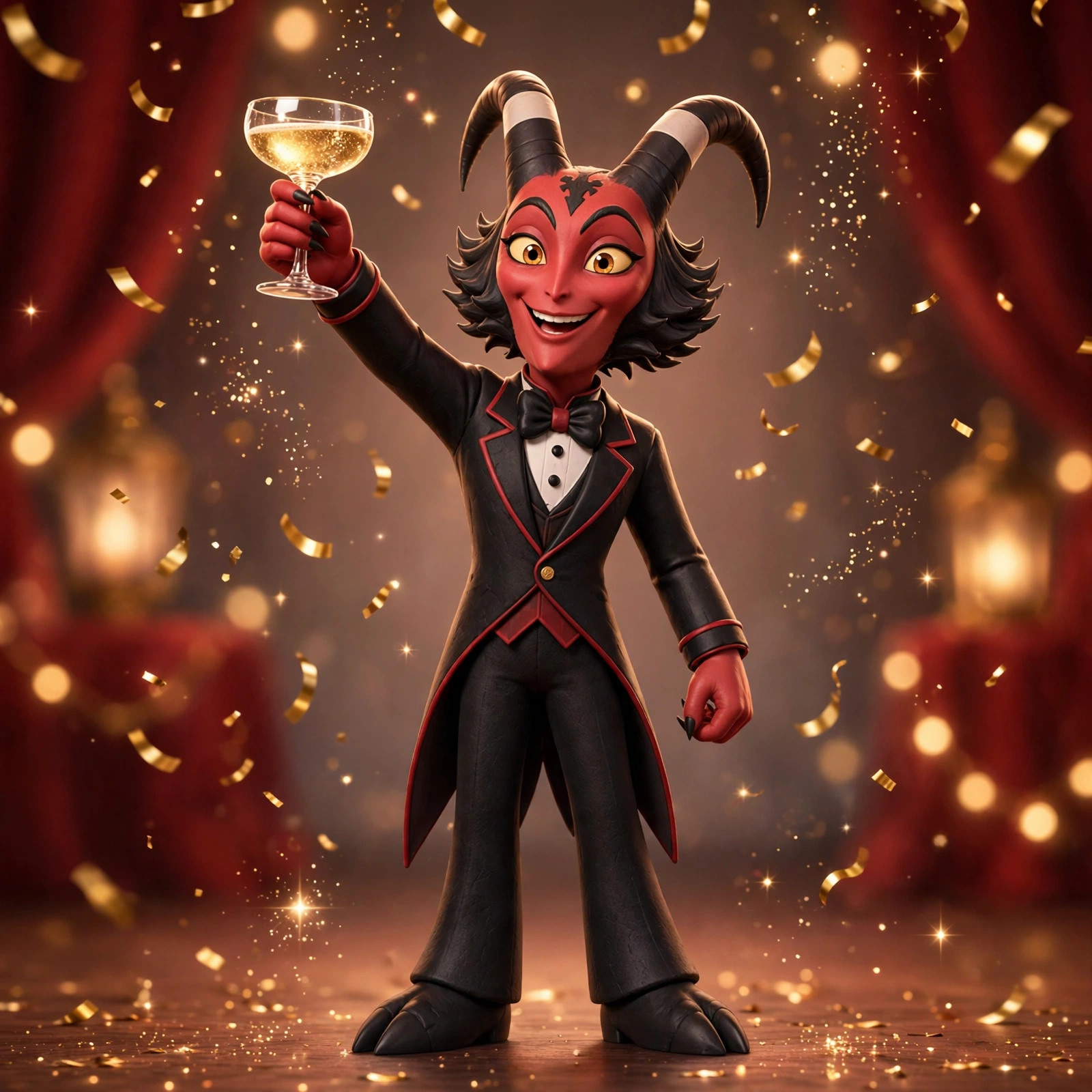 The Dapper Imp raising a champagne coupe in a toast, golden confetti falling around him