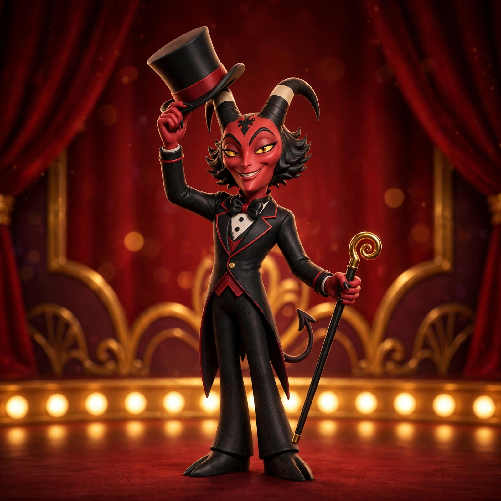 The Dapper Imp tipping a black top hat to the viewer with a sly grin, golden footlights behind him