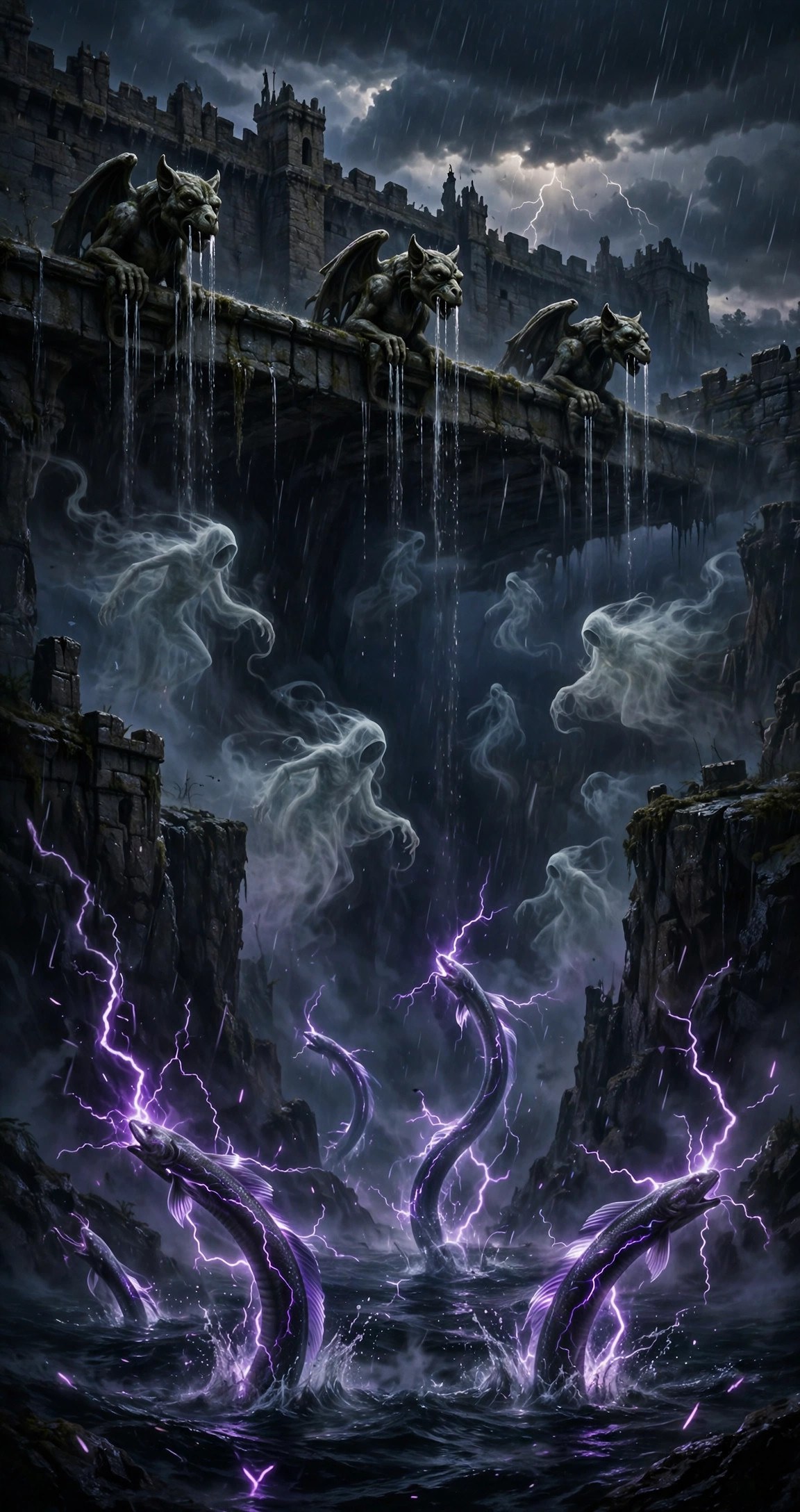 Pale wraith-like mists drifting over the gorge at dusk while bright eel-creatures crackle with lightning above black water, weeping gargoyles on the tower above