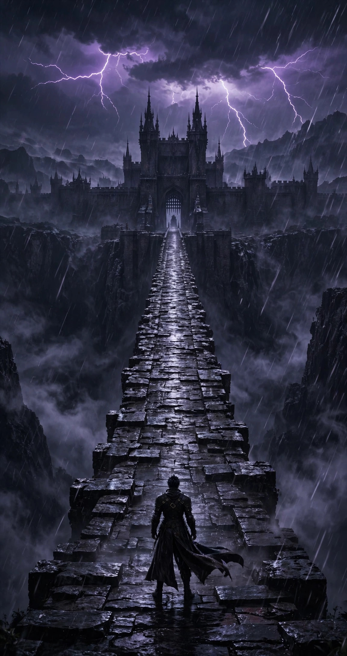 The lone stone bridge of the Span stretching across the dark gorge to the fortress gate in heavy rain, a lone swordsman at its near end