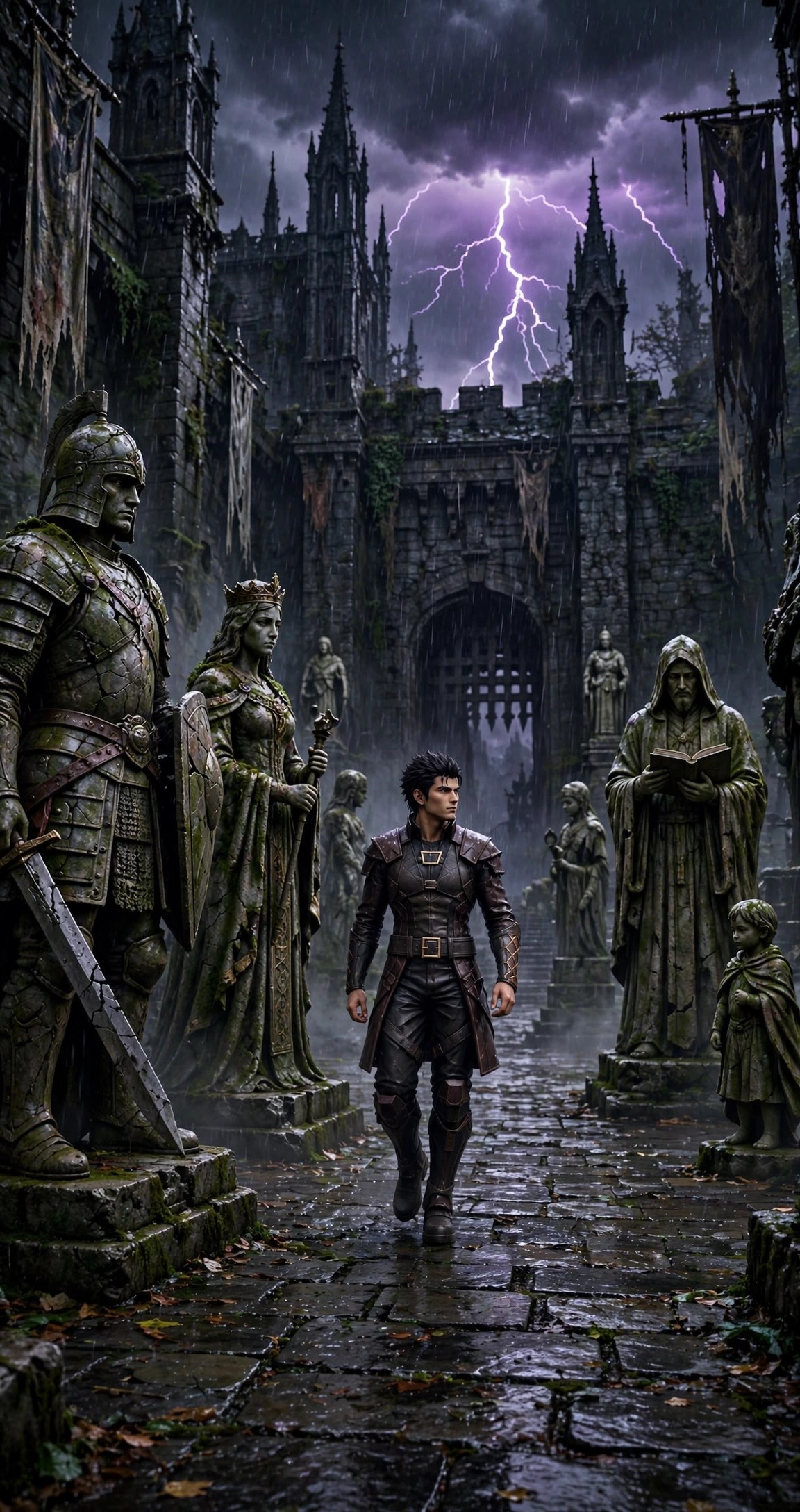 A rain-soaked courtyard before the fortress gate lined with weathered statues of legendary visitors, the living Guardian walking among them