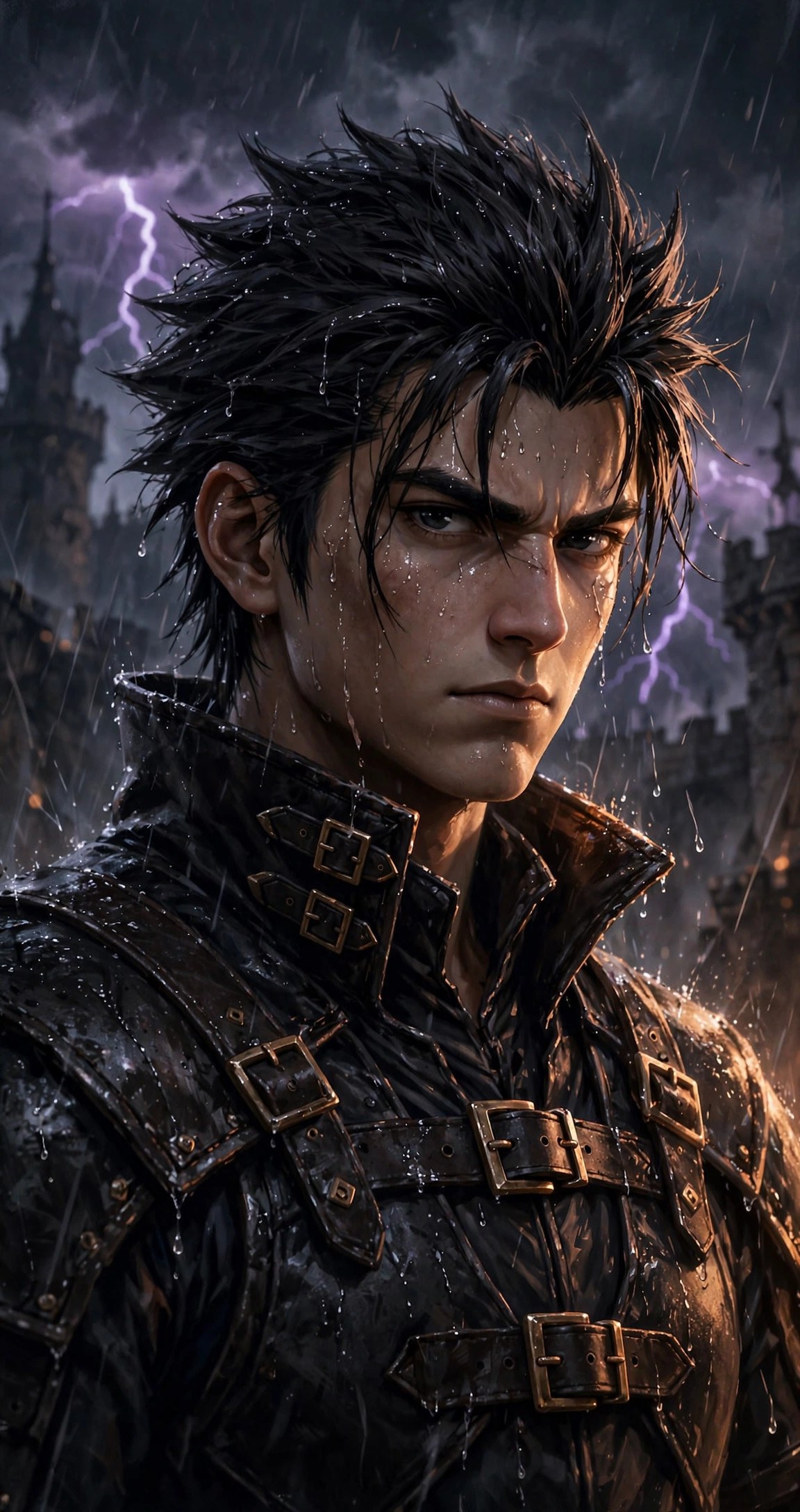 Close portrait of the stern young swordsman with spiky dark hair and a judging gaze, rain beading on his dark leather armor, violet lightning behind him