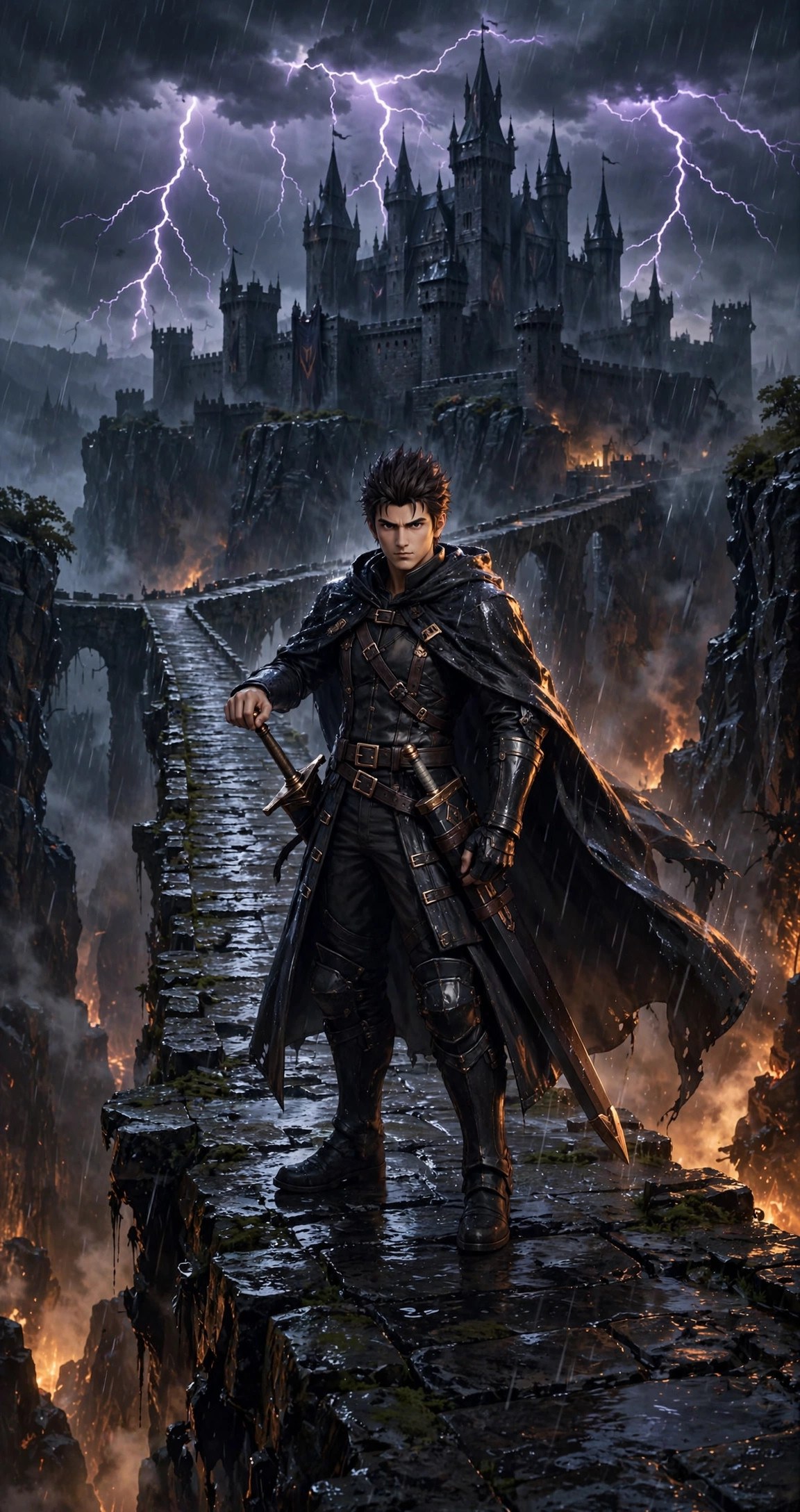 The Dark Fantasy Fighter standing battle-ready mid-bridge: a spiky-haired swordsman in dark leather armor with bronze buckles and a long coat, violet lightning splitting the storm behind him