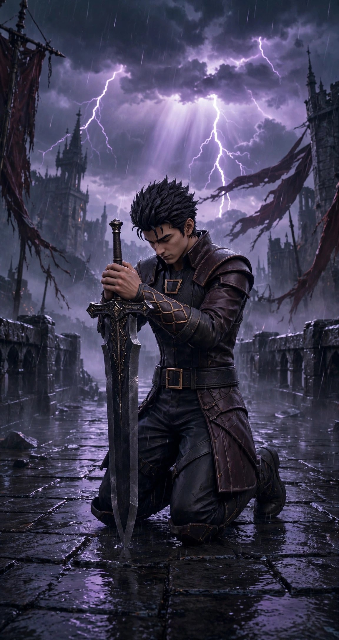 The swordsman kneeling on one knee on the rain-wet bridge at dawn, head bowed, greatsword planted before him in a solemn oath ritual